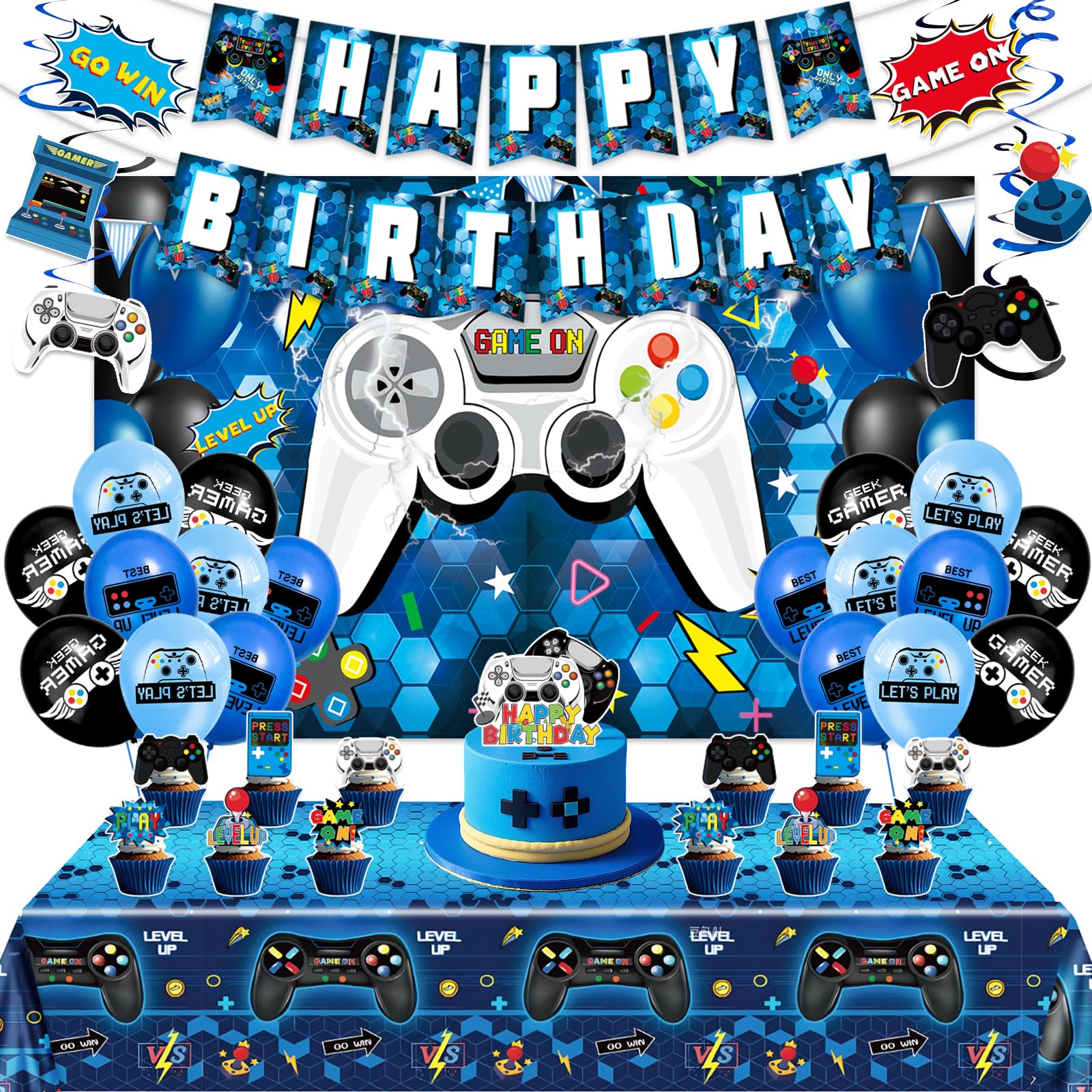 45Pcs Gamer Birthday Party Decorations - Gaming Party Supplies with Backdrop, Banner, Tablecloth, Balloons, Swirls & Cake Toppers for Video Game Theme