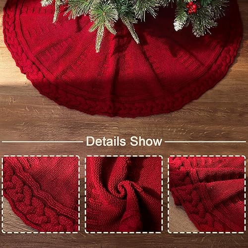 Miniatura 3 de Falda de árbol de Navidad de 36 pulgadas: falda de árbol de 6 pies, falda de árbol pequeño de punto trenzado color rojo vino, faldas de árbol