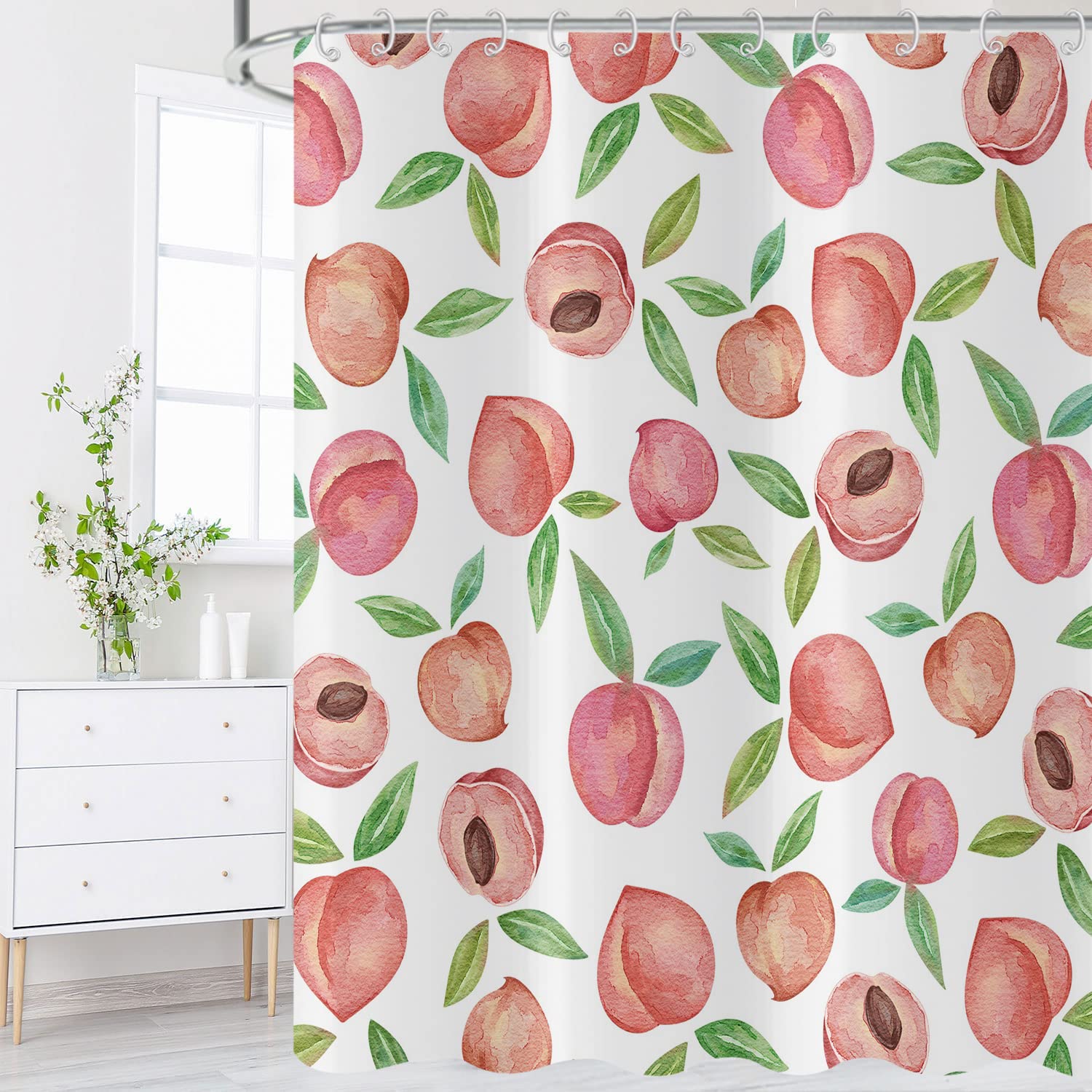 Tenda da doccia Rosa Pesca 180x200, Allover Frutti Verde Foglie Tende da doccia Acquerello Luminoso Colorato Estetica Tenda da bagno Impermeabile Poliestere Tessuto Lavabile Tenda da bagno