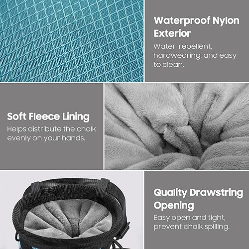 Miniatura 4 de MoKo Bolsa de tiza de escalada con cepillo de tiza, bolsa de tiza de nailon impermeable con 2 grandes bolsillos de almacenamiento con cremallera con
