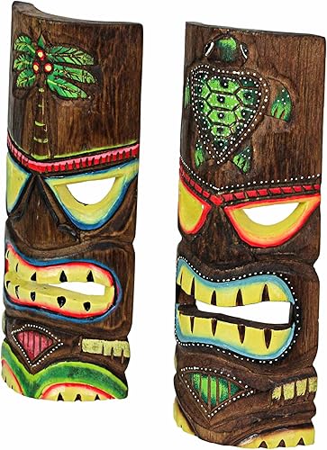 Miniatura 3 de Things2Die4 Juego de 2 mascarillas Tiki talladas a mano de madera de 12 pulgadas, diseño de palmeras y tortugas tropicales para decoración del hogar