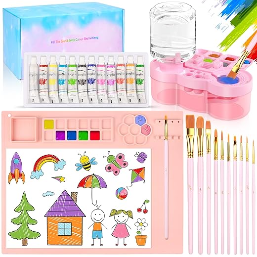 Art Painting Kits, Paint Station, Including Upgraded Paint Brush Cleaner, 20"X16" Silicone Painting Mat, 12 Colors Acrylic Paint Set and 10 Paint Brushes, Painting Supplies Kits(Pink)
