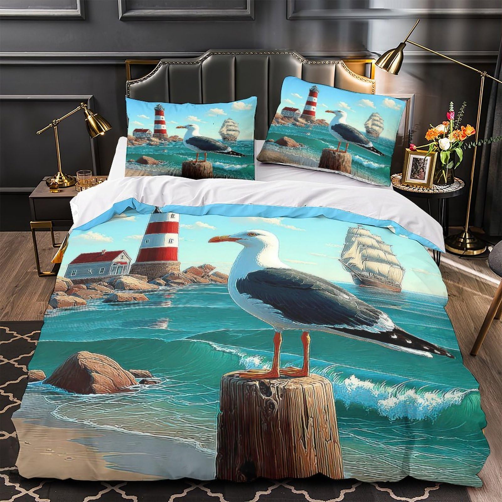 DRVASMXCP Seagull Coastal Scene Duvet Cover 3D Print Durable 3 Pcs Bed Linen Hidden Zipper Vintage Nautical Quilt Cover Premium Washable for Kids Adults Women Teens Youth Girls Boys Double（200x200cm）