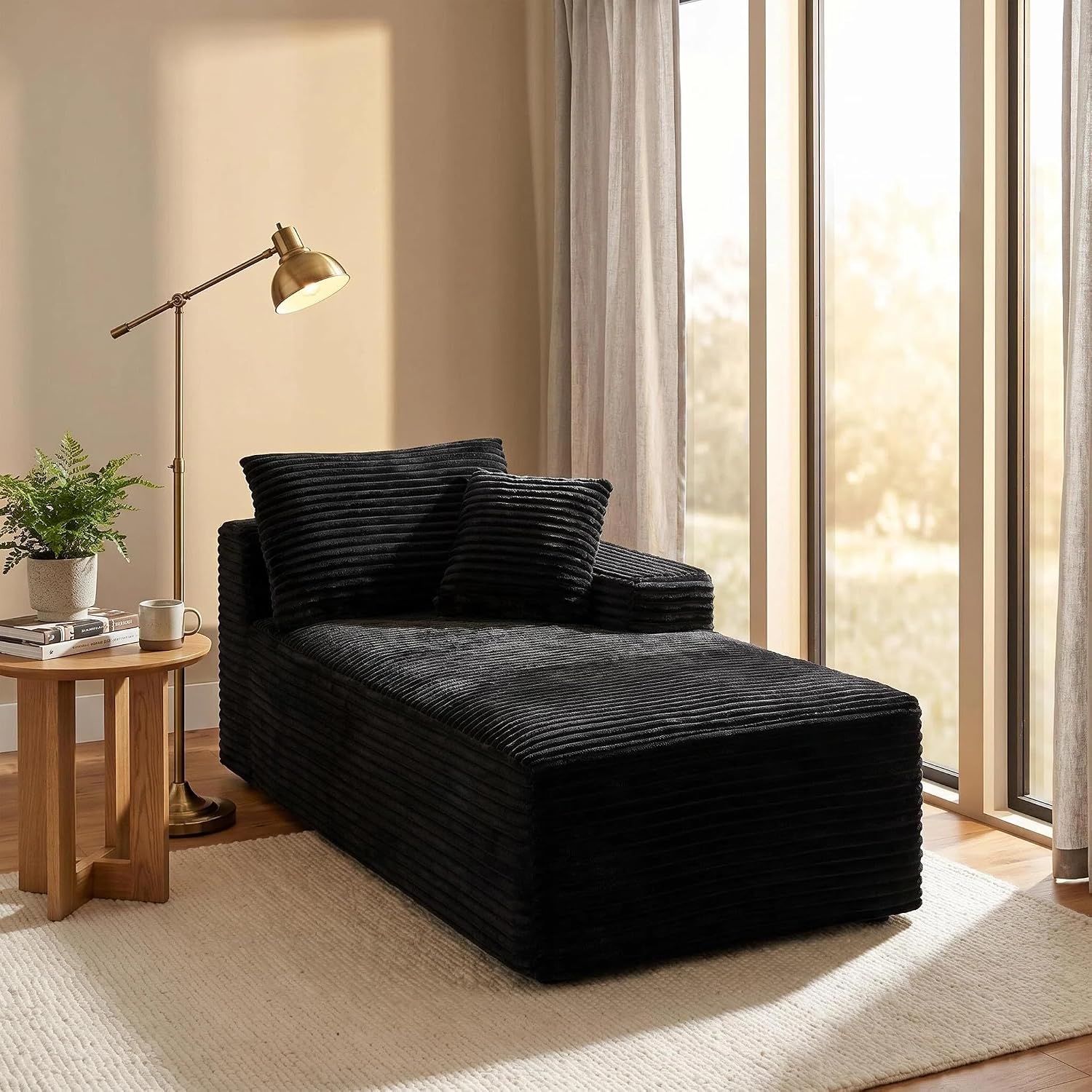 Modular Corduroy Sofa, Legless Floor Accent Chair, Black