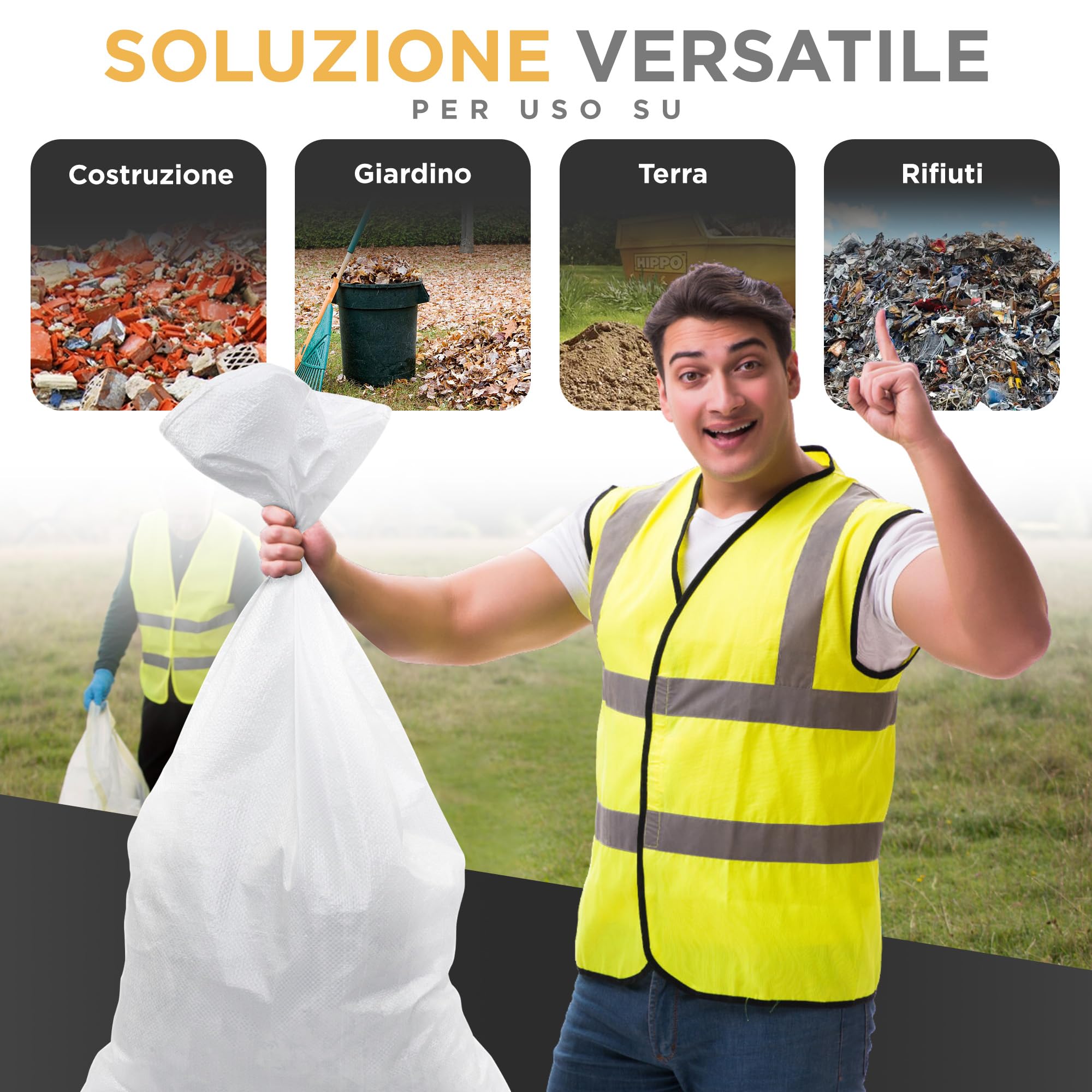 Sacchi per Macerie (20 UNITÁ) | 55 x 95cm - Resistente (55 kg) e Riutilizzabile | Sacchi in Polipropilene | Perfetto per Sabbia, Terra, Giardino, Edilizia e Foglie