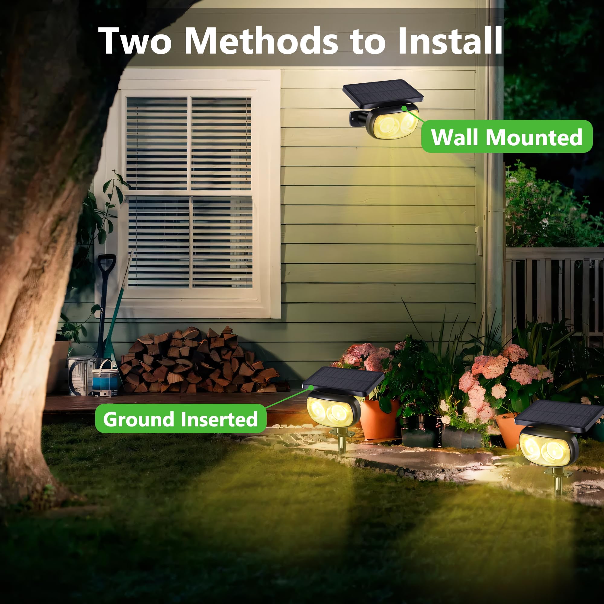 Moxled Set van 4 zonnelampen voor de tuin, warmwit, 3000 K, IP65 waterdicht, 2 helderheidsmodi, voor buiten, tuin, binnenplaats, stoep