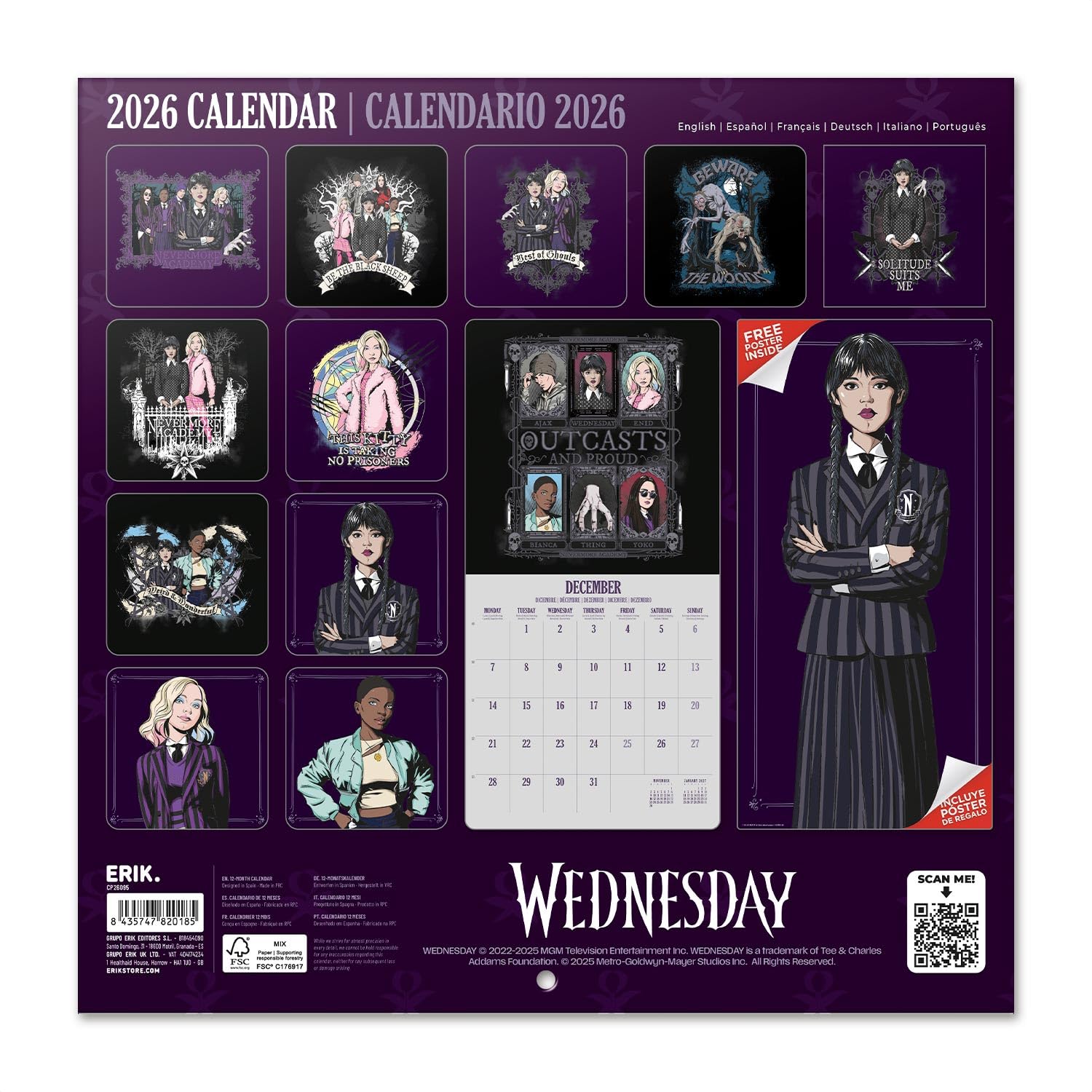 Grupo Erik Wall Calendar 2026 - Wednesday Calendar 2026 | Square 30 x 30 cm - 12 x 12 inches Wall Planner, Family Planner Month To View | Wednesday Addams Gifts For Friends