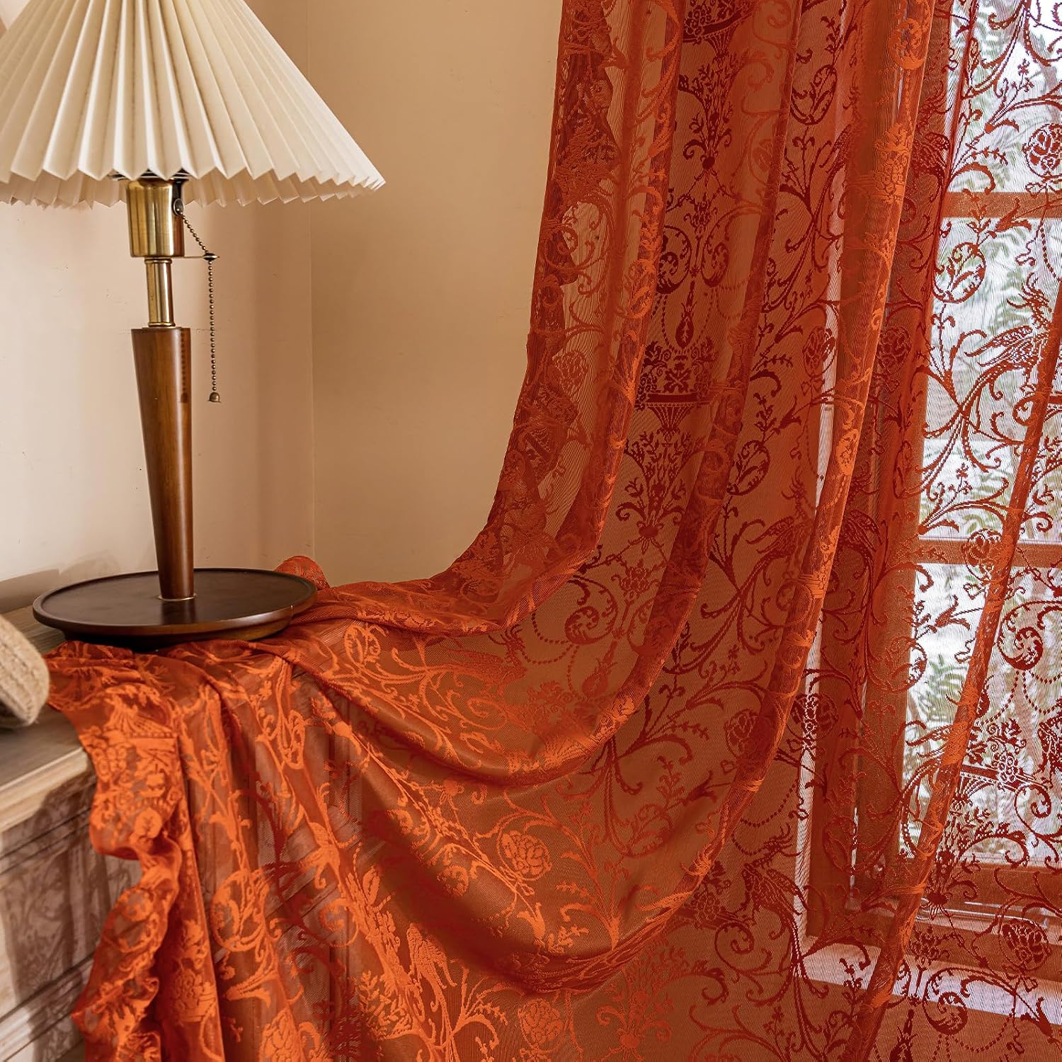 TUDECO Orange Sheer Curtains 63 Inch Length - Bohomian Flower Bird Lace Rust Curtains for Bedroom Sunroom Cheerful Kintted Lightweight Privacy Ruffle Edges Fall Decor, 59 x 63 Inch, Burnt Orange