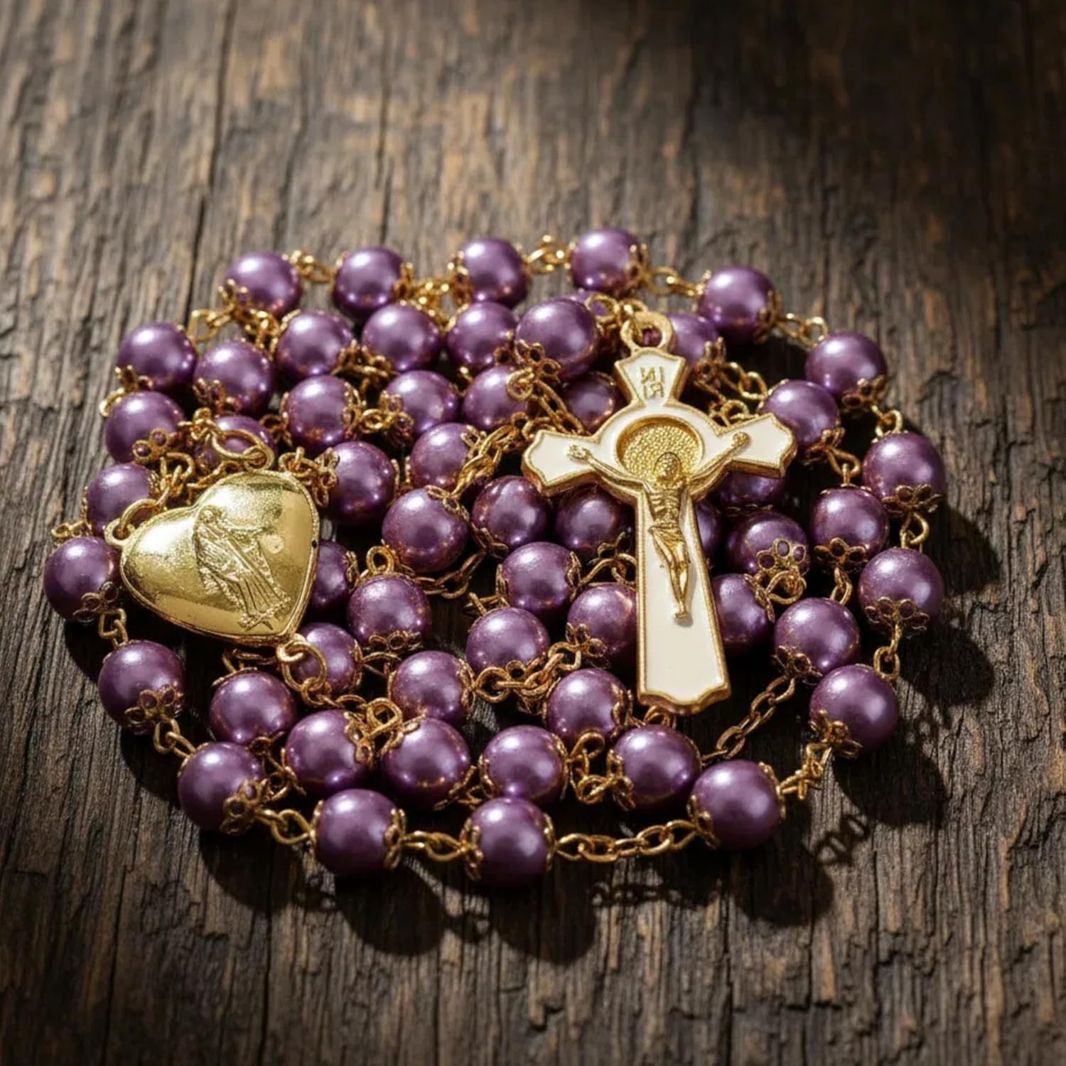 Nazareth Store Purple Pearl 8mm Beads Rosary Necklace Gold Prayer Chaplet with Miraculous Open Up Locket Centerpiece Medal and White Enamel Cross - Image 6