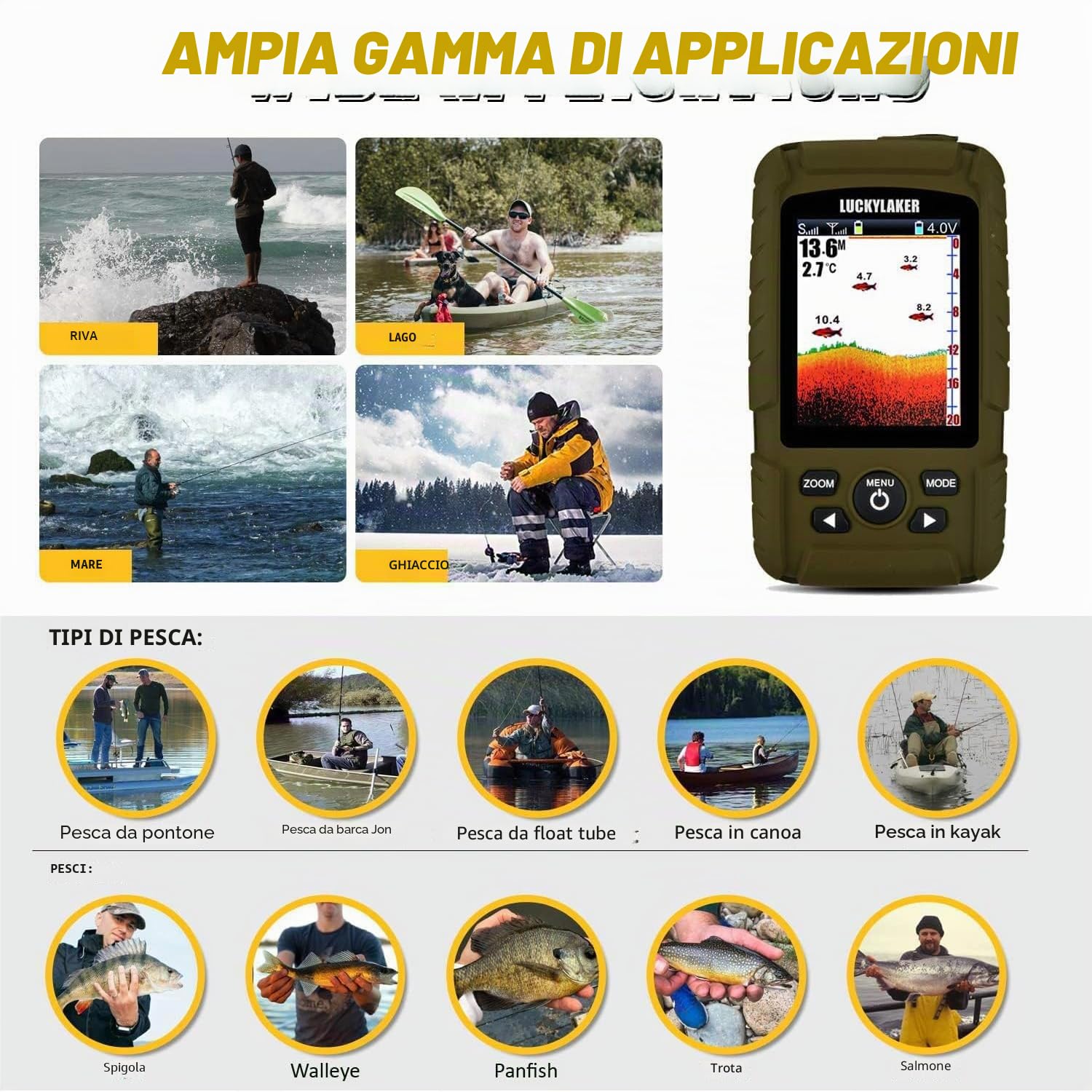 LUCKY Portatile Ecoscandaglio da Pesca profondità Ecoscandaglio da Pesca Barca Trasduttore profondità Fishfinder in Kayak