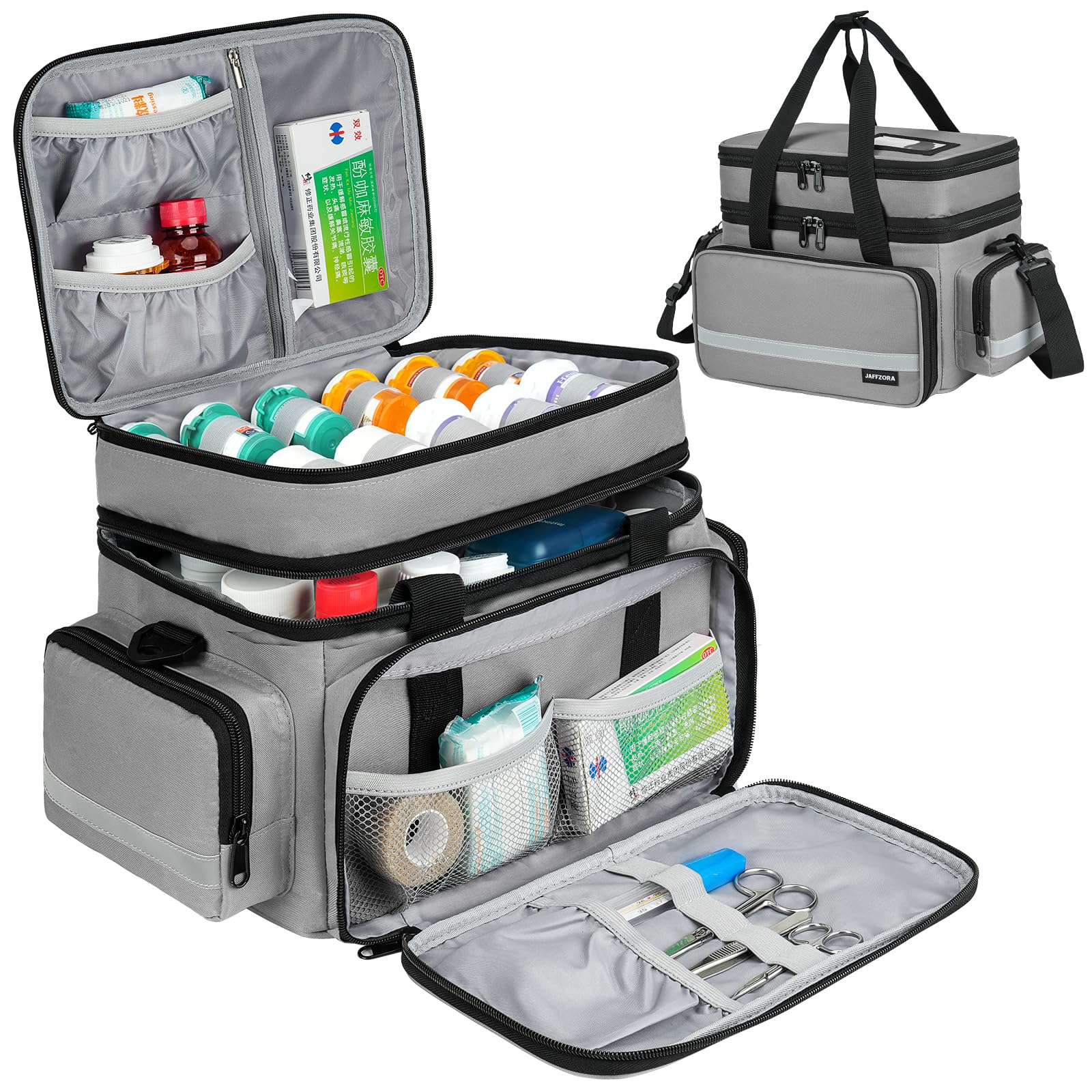 Large Pill Bottle Organizer Double Layers Medicine Storage Bag with Lockable Zippers and Shoulder Strap Medication Travel Bag
