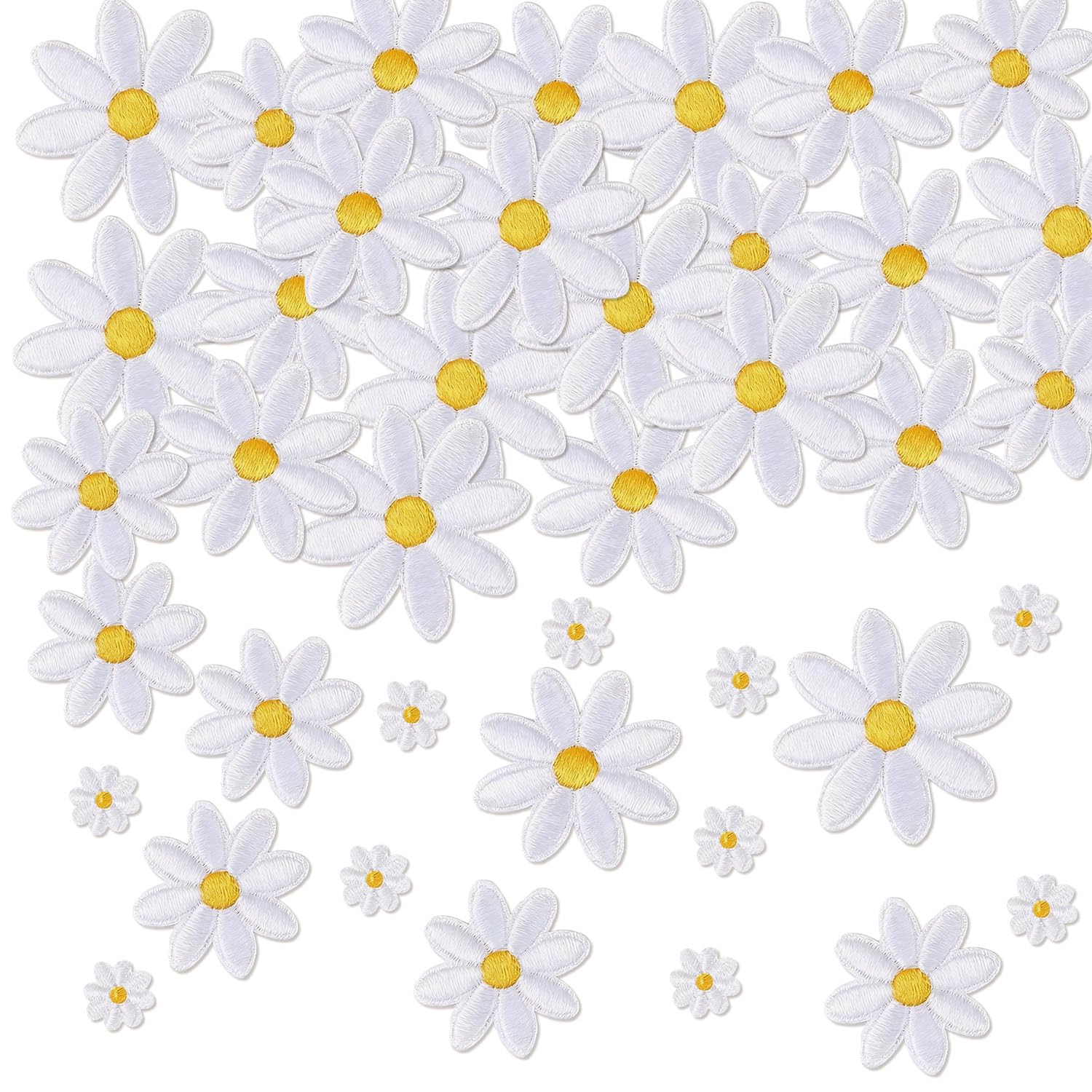 WADUBI 40pcs Daisy Iron On Patches for Clothes, Embroidered Flower Applique for Clothing Repair and Decoration, Sew On Patch for T-Shirts, Jeans, Bags and Hats, White
