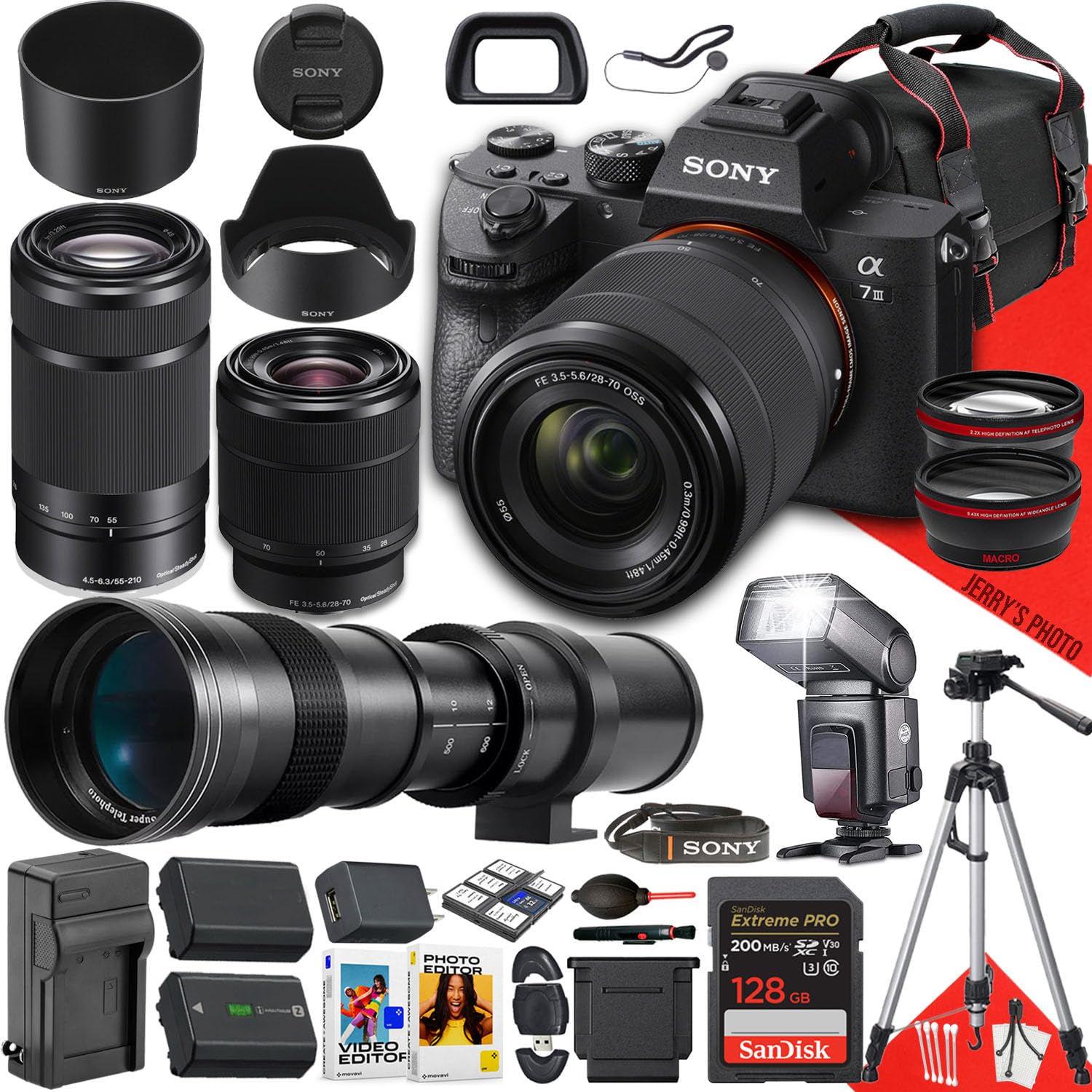 Sony a7 III Mirrorless Camera with 28-70mm and 55-210mm Lens + 420-800mm f/8.3 HD Manual Telephoto Lens + 128 GB Memory + TTL Pro Flash + Battery Charger + More (26pc Bundle) (Renewed)