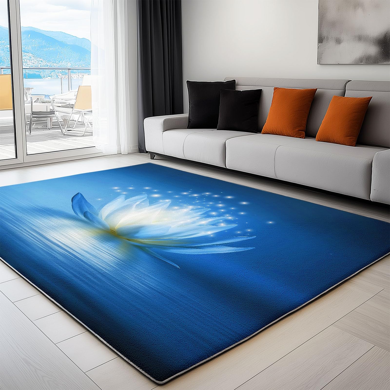 Dywaniki do salonu, 180 x 240 cm, rośliny, kwiatowy lotos, można prać w pralce, antypoślizgowy dywan, trwały, ze sztucznej wełny do sypialni, kuchni, biura, jadalni, wewnątrz, niskie runo, niebieski