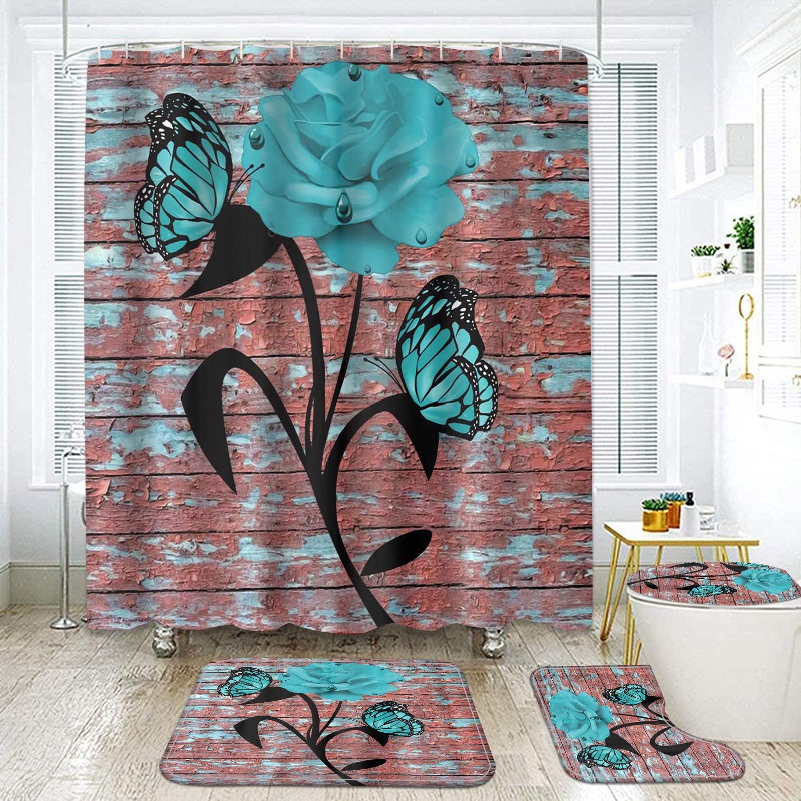 Set di 4 tende da doccia rustiche con rose blu e farfalle, include tappeti da bagno