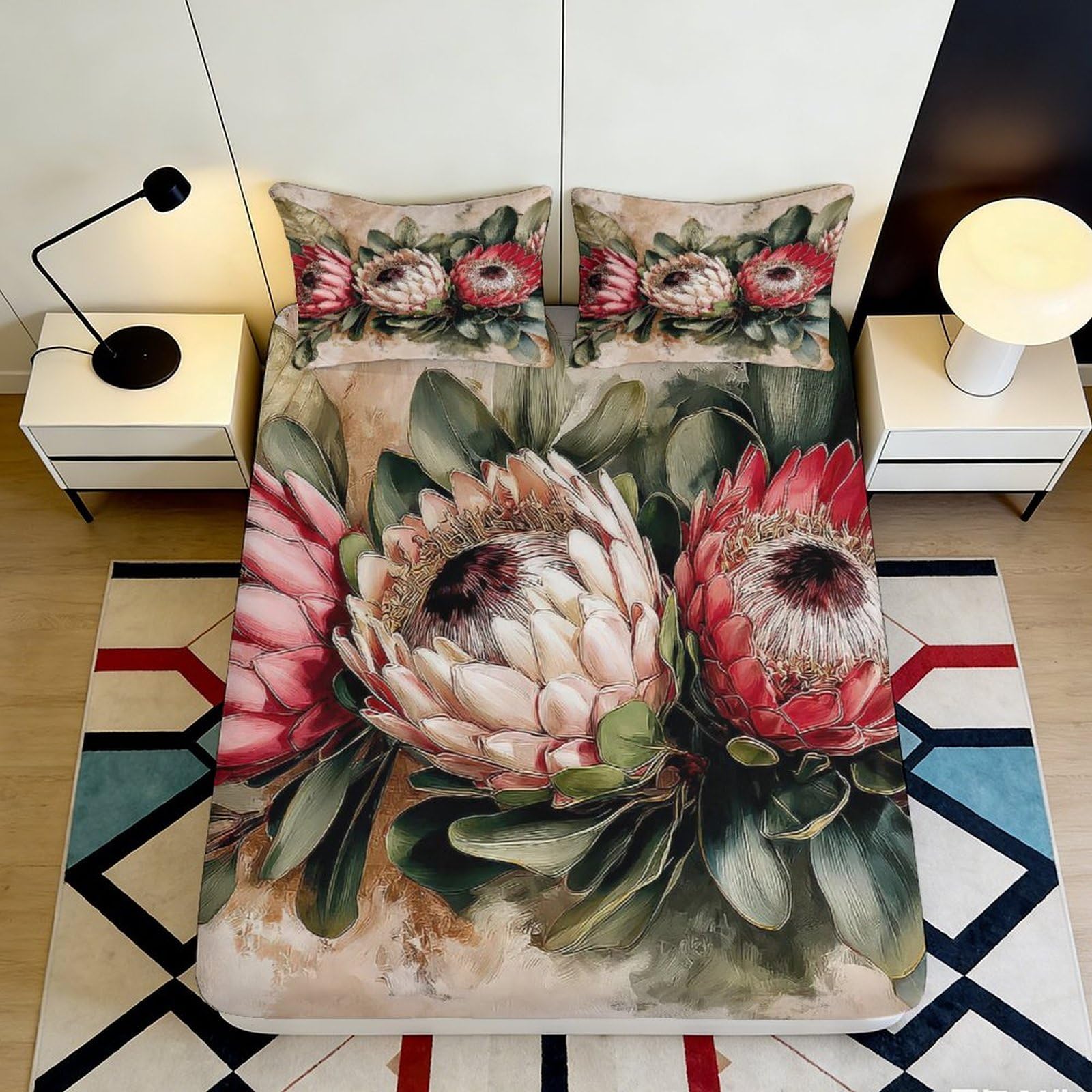 Pnayamiorkfel Style-9 3D Printed Protea Floral Fitted Sheet Microfiber Soft Mattress Cover Bedroom Decor Botanical Design 90X200x25cm