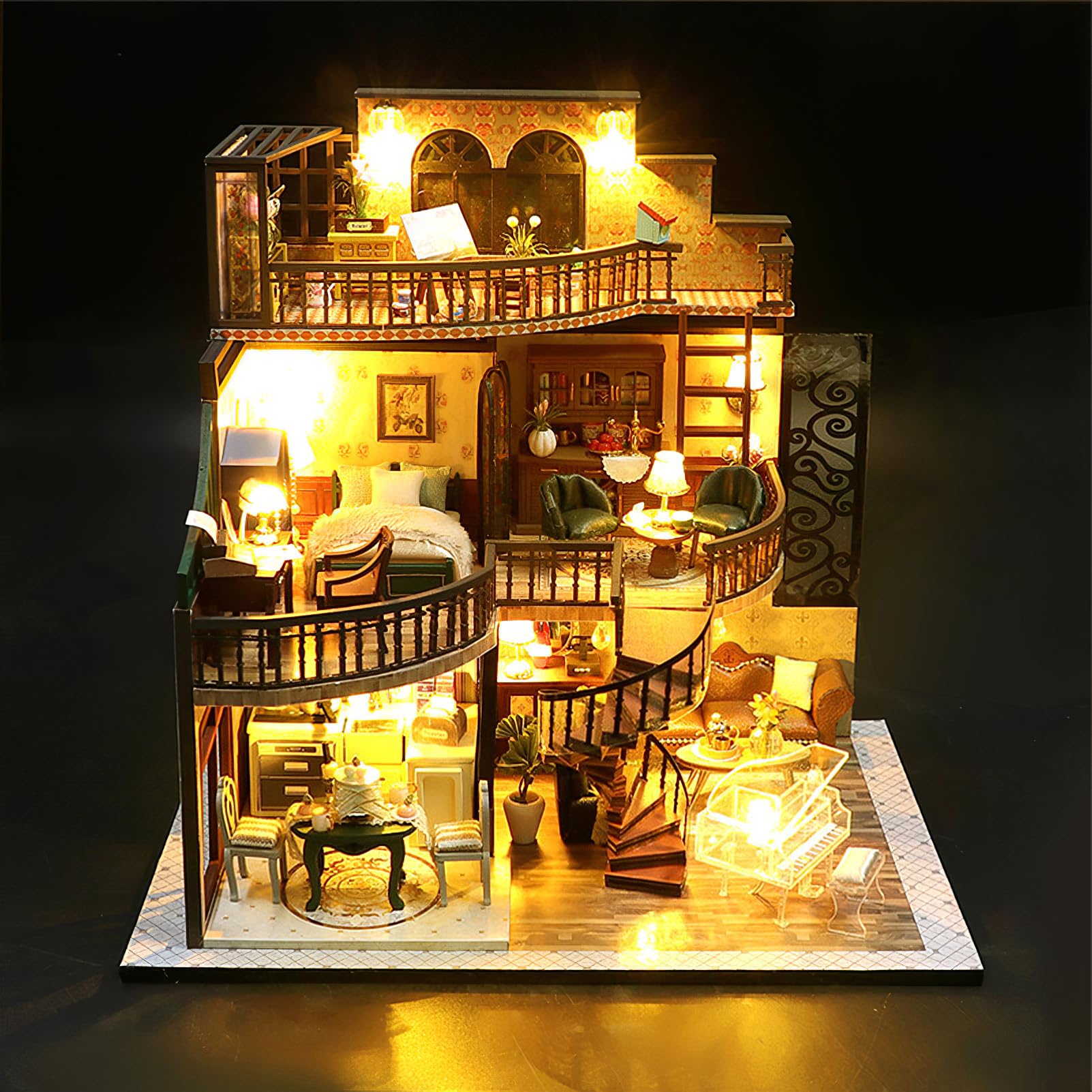 Miniaturowy zestaw domków dla dorosłych, mini budynek domku, miniaturowy zestaw DIY dla dorosłych, drewniany mini domek dla lalek na urodziny, Boże Narodzenie, trzypiętrowy retro loft
