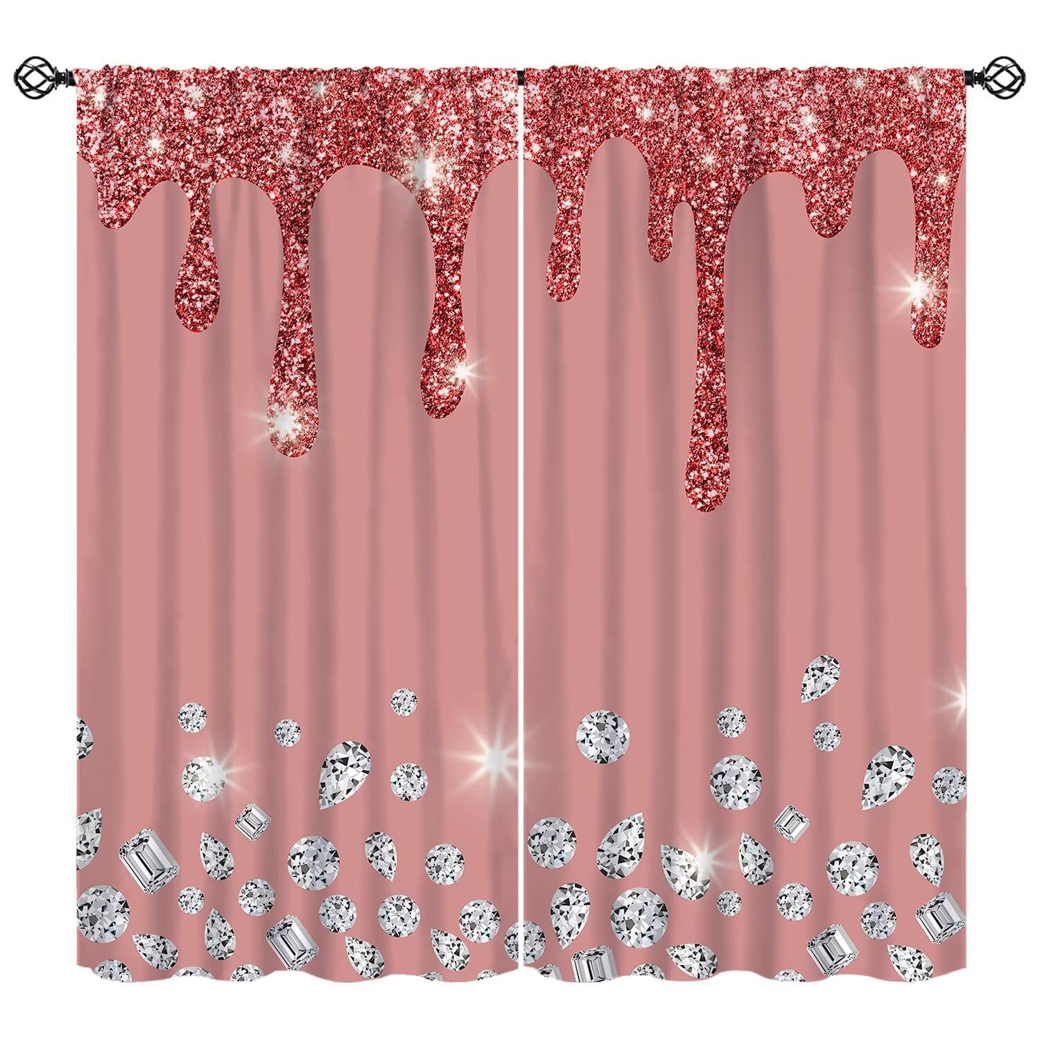 Glitter Diamond Rose Red Curtain Sparkle Shimmer Bling Sparkly Window Treatments Luxury Jade Pink Shiny Drip Modern Window Drapes (No Glitter) for Bedroom Living Room W63xL63in