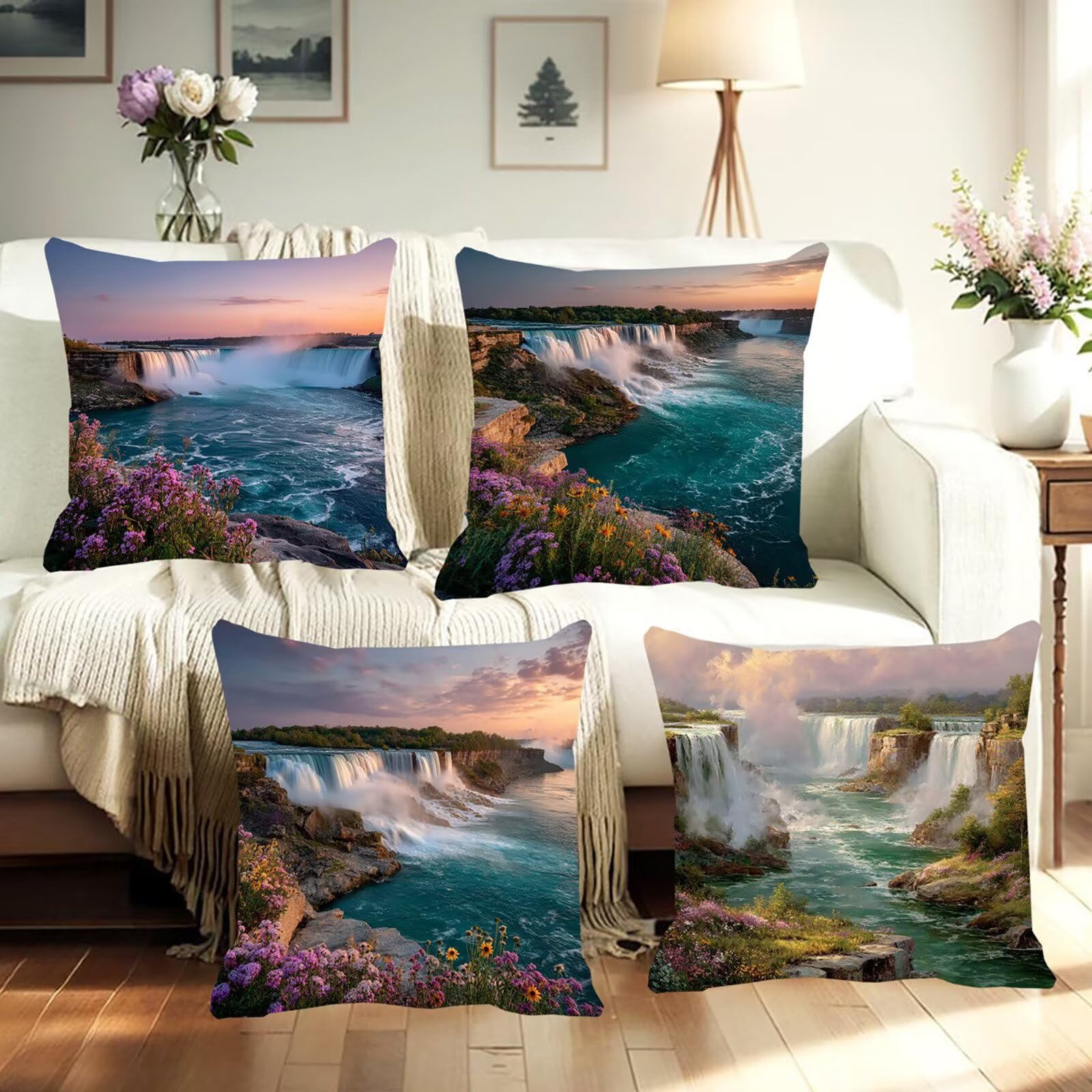 Poszewki na poduszki 60 x 60 cm, zestaw 4 szt. na zewnątrz dekoracyjne poduszki wodoodporne lniane poduszki na sofę poszewki na poduszki z miękkim oddychającym zamkiem błyskawicznym, krajobraz