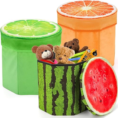 Paquete de 3 taburetes de almacenamiento de frutas, taburete otomano plegable de 12 x 12 pulgadas con cojín de espuma, baúl de almacenamiento