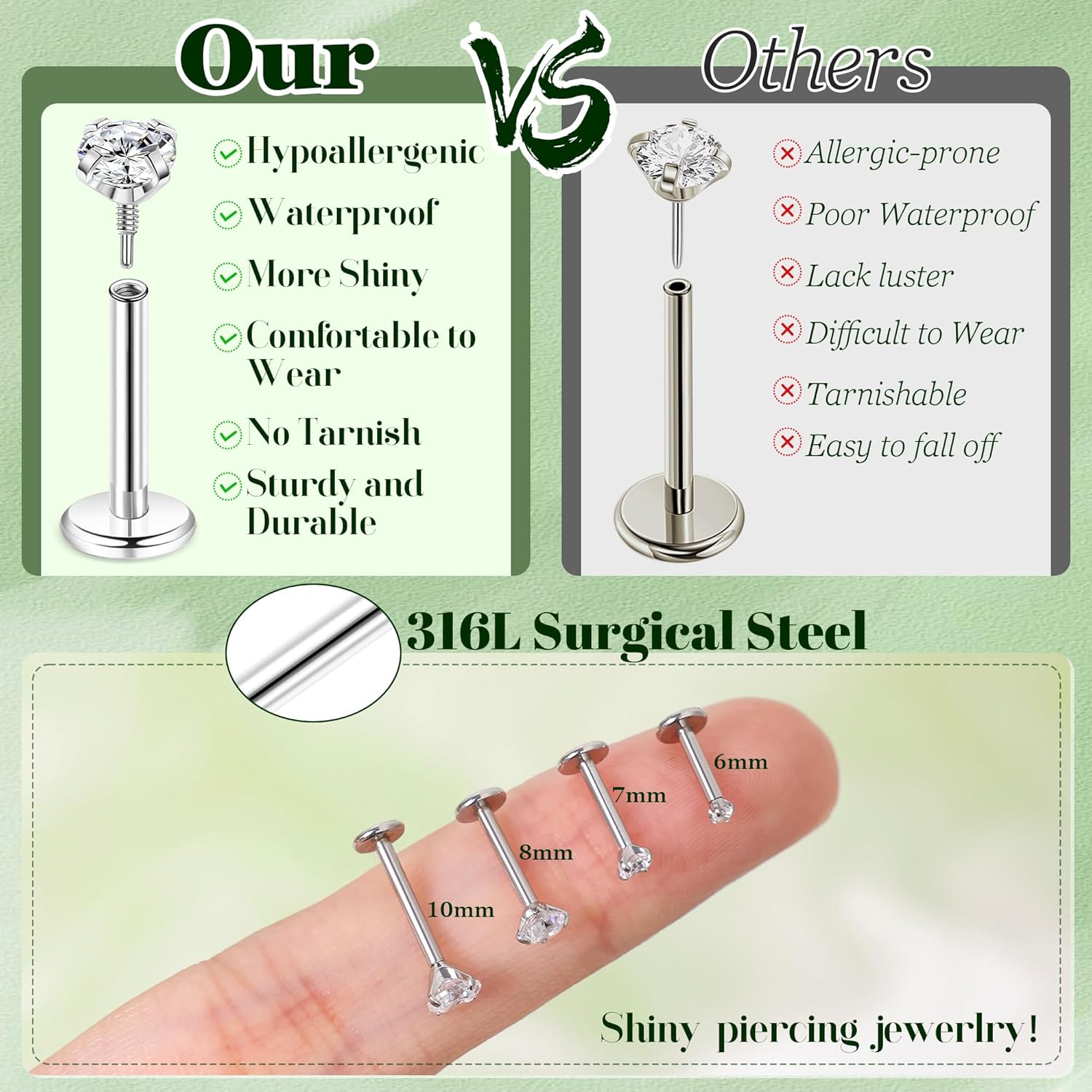 16G 18G 12Pcs Flat Back Stud Earrings 316L Surgical Steel Internally Threaded Stud for Women Tragus Labret Monroe Cartilage Helix Conch Studs Hypoallergenic Nose Stud Piercing Jewelry - Image 4