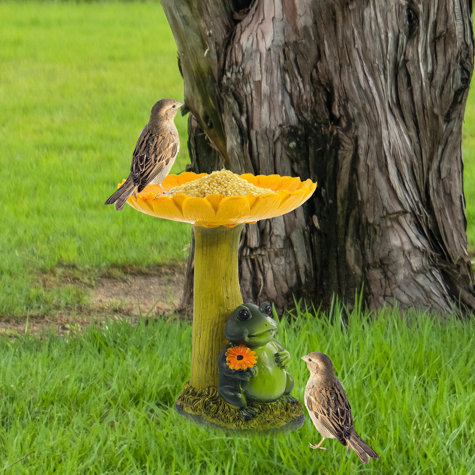 GLEAVI Baño para Pájaros de Resina Diseño de Girasol, Pequeño Comedero para Pájaros de Plataforma, Decoración Multifuncional para Jardín y Patio, Figura Decorativa Resistente