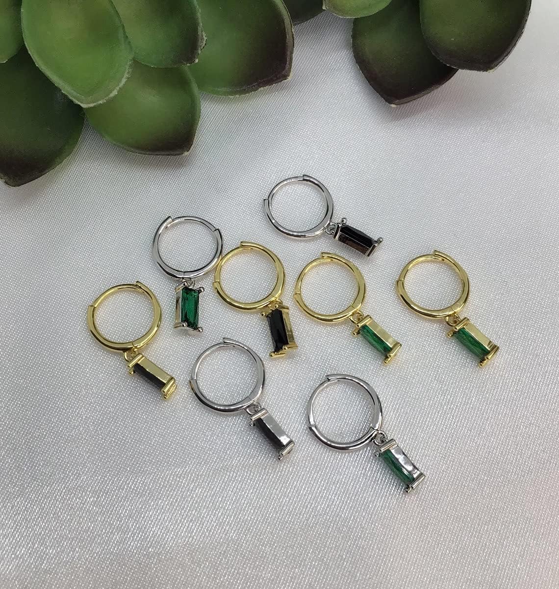 Dainty Dangle Hoop Earrings with Baguette CZ for Women Girls, Sterling Silver Small Huggie Earring with Cubic Zirconia Charm - Image 5