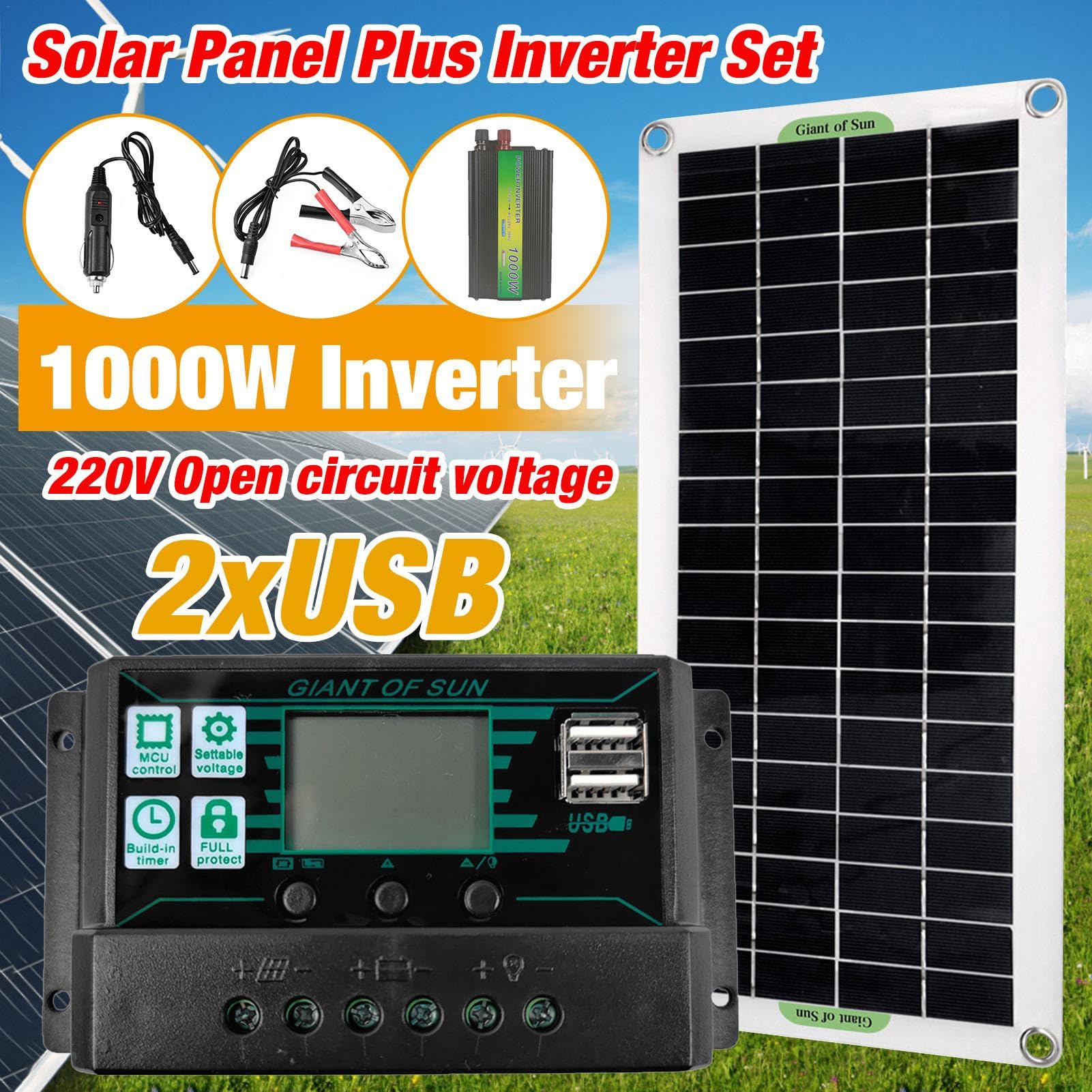 Pannello Solare - Modulo Solare Fotovoltaico Monocristallino Con Inverter Da 1000W | Kit Solare Completo Per Veicolo Automatico Con Clip Per Batteria E Display A LED Per La Casa