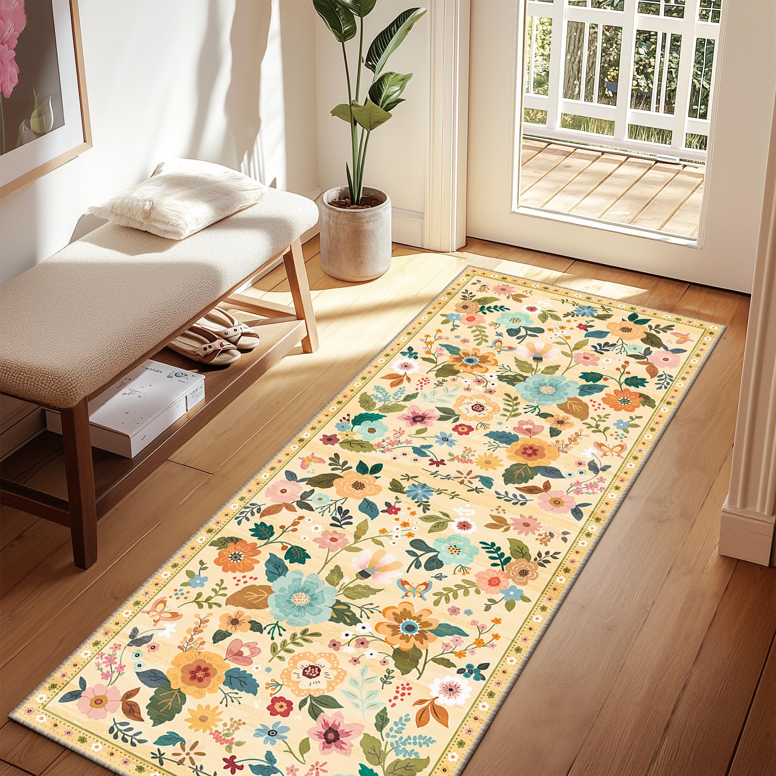 RELEANY Floral Nursery 2x6 Area Rugs Washable Print Boho Cute Carpet Non Slip Flower Low Pile for Living Room Kids Girls Playroom Bedroom Kitchen
