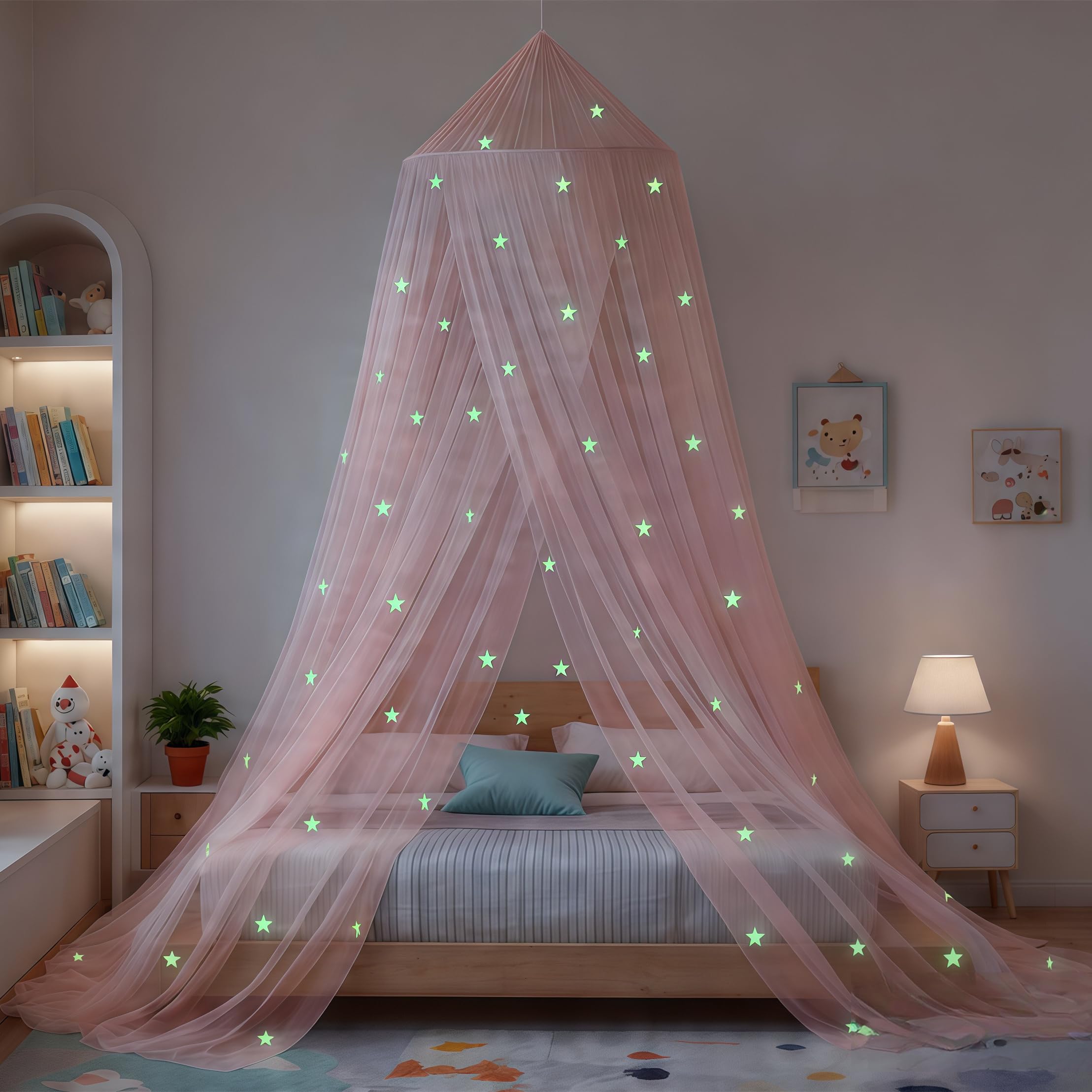 Ciel de lit étoilé Qui Brille dans Le Noir, paravent de lit pour Filles, Ciel de lit de Princesse pour Chambre de Fille, Pink