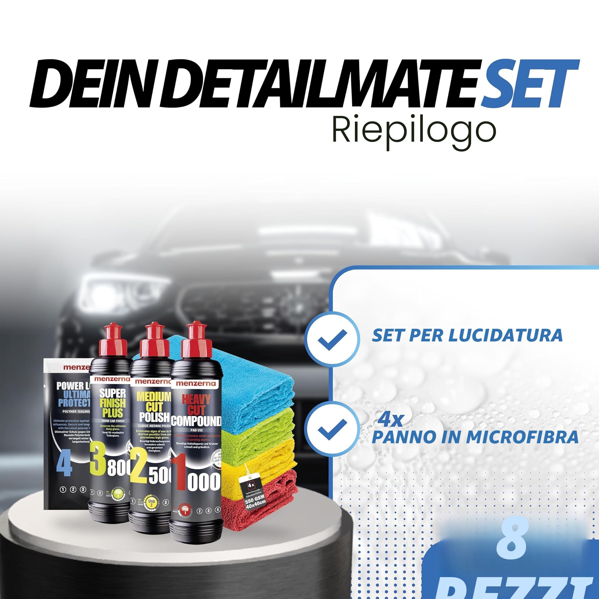 detailmate Set per lucidatura dell’Auto Menzerna Heavy Cut Compound 1000, Medium Cut Compound 2500, Super Finish Plus 3800, Koch Chemie Allround Quick Shine da 140 ml, Panno in Microfibra da 40x40cm