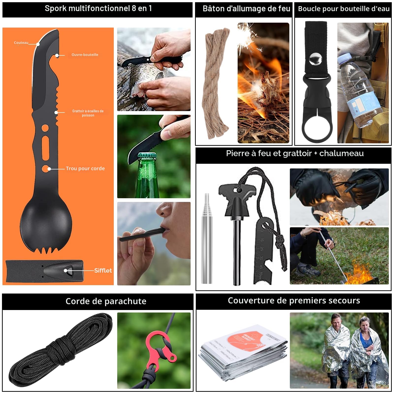 69 en 1 Kit de Survie d'urgence en Plein Air,Sac de Survie Complet,Kit de Survie Complet avec Couverture de Survie,Kit de Survie Militaire Complet pour Hommes Camping,Randonnée,Voyage Aventure