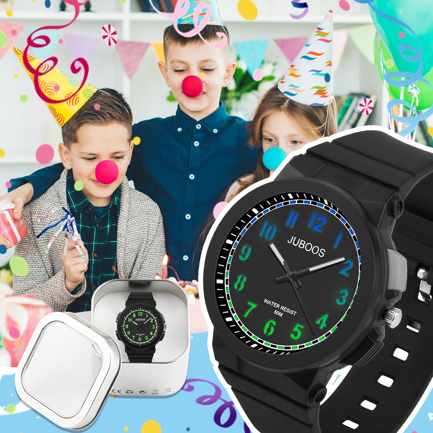 Juboos Kid's Analog Watch in its tin box, surrounded by party decorations, suggesting it as a gift.