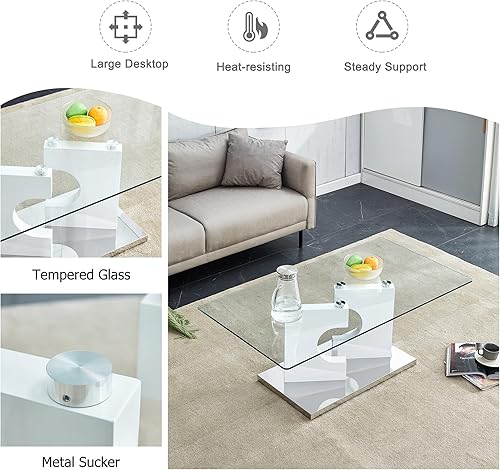 Miniatura 6 de Mesa de centro rectangular de cristal, mesa de centro moderna de vidrio templado transparente para sala de estar, base blanca