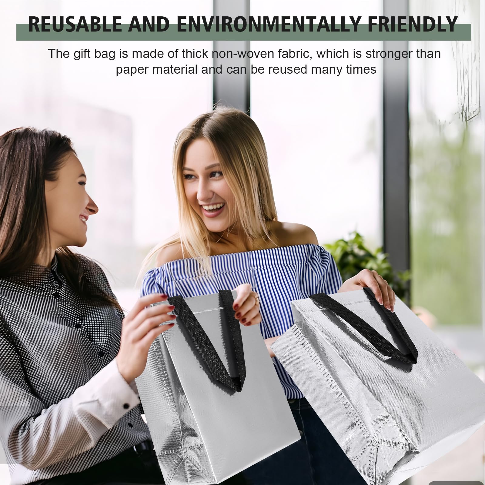 【18-Pack Silver】 Reusable Gift Bags with Handles, Bulk Goodie Bags for Valentines Day, Baby Shower, Birthday, Party Favors, Wedding, Holiday Goodie | 8x4x10 Inches | 18 Premium Silver Bag | Eco-Friendly
