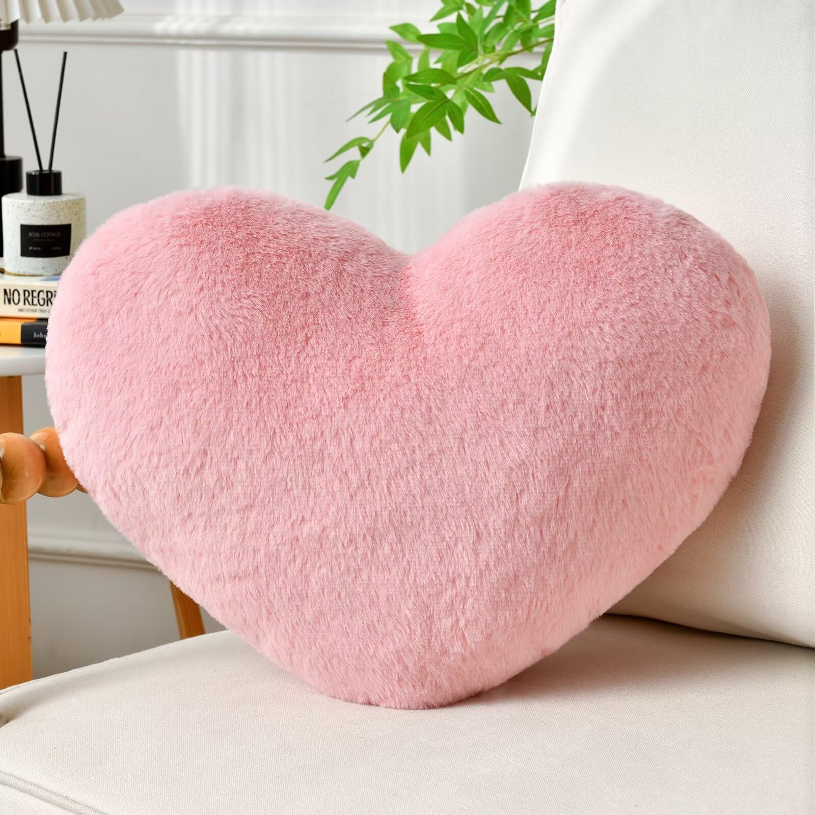 IREMATE Heart Pillow Pink Throw Pillows Decorative Pillows for Bed Couch Cute Faux Rabbit Fur Small Pillow for