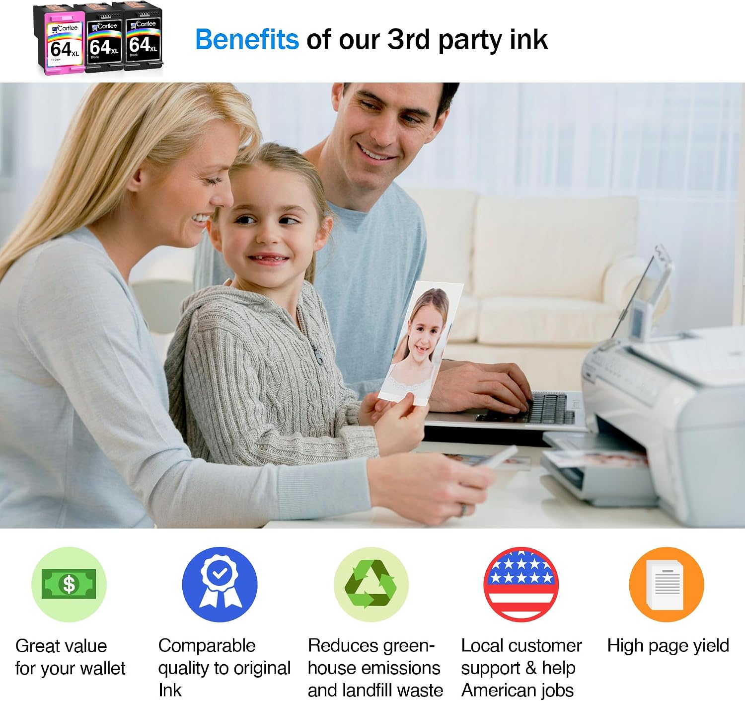 Cartlee Remanufactured Ink Cartridge Replacement for HP 64 XL 64XL for Envy Photo 6252 6255 6258 7120 7155 7158 7164 7800 7855 7864 7858 Inkjet Printers Pack Combo (2 Black, 1 Tri Color)