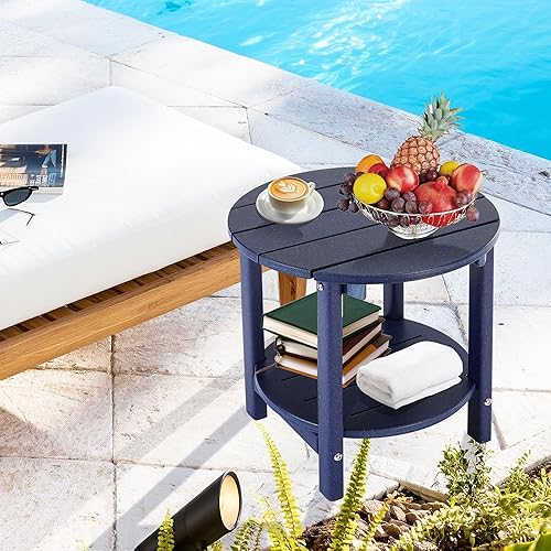 Miniatura 138 de LZRS Mesa auxiliar para exteriores, mesa auxiliar ovalada Adirondack doble con almacenamiento de 2 niveles, mesas auxiliares de HDPE para patio