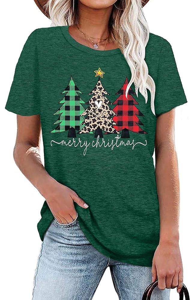 Tシャツ・カットソー Merry Xmas Tree Short Sleeve T Shirt (2color) Amazon.com: Christmas Shirts Women Merry Christmas Leopard