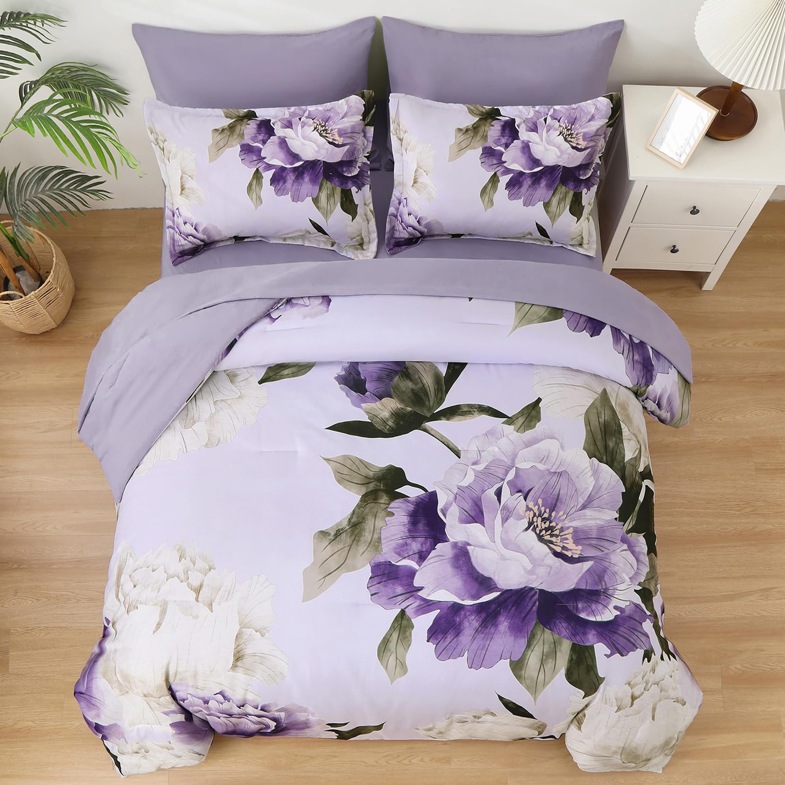 Dobuyly Purple King Size Comforter Set 7 Piece Bed in a Bag King, Purple Floral Printed on Light Purple Comforter Set with Sheets, Soft Microfiber Botanical Complete Bedding Set for All Season
