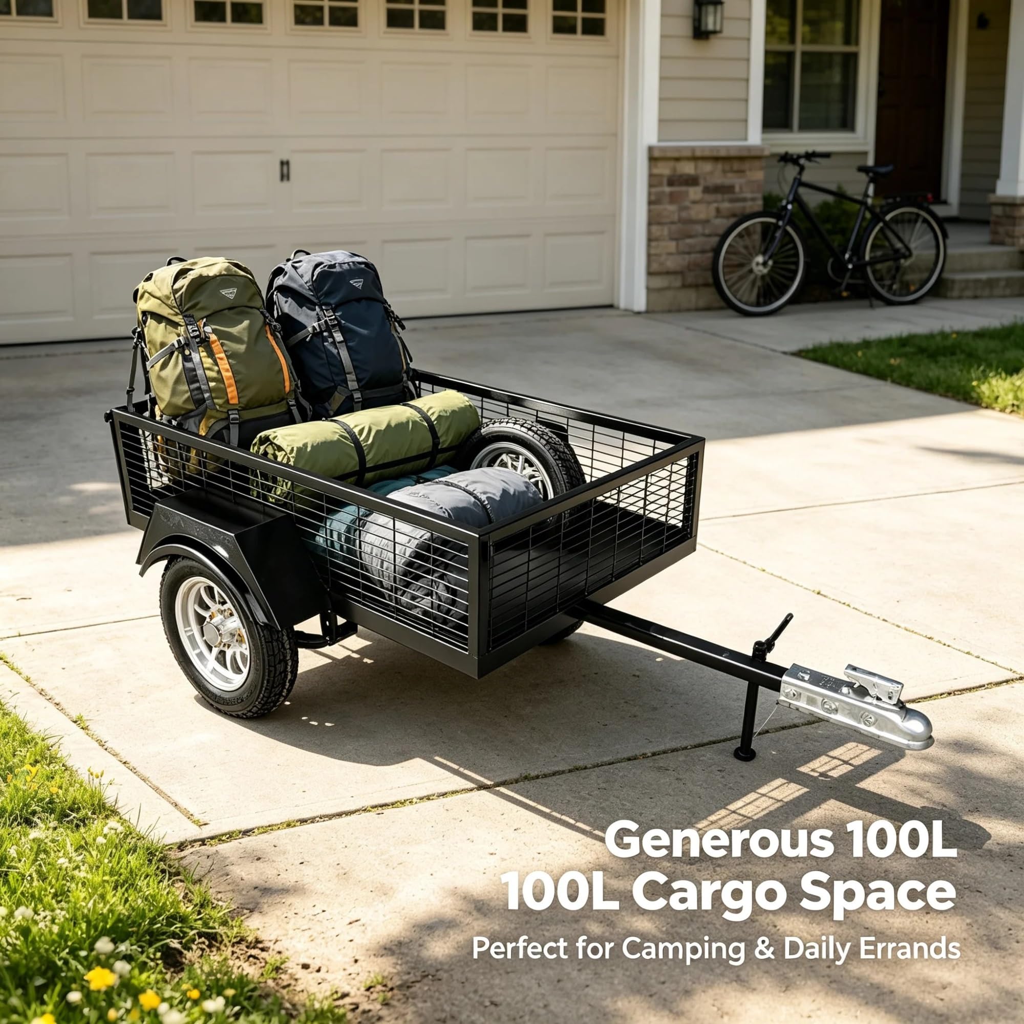 Remorque Cargo Tricycle, Chariot Pliant Acier Lourd | Châssis Acier Renforcé + 140 lb + Attelage Universel pour Trike - Idéal Jardinage et Livraison