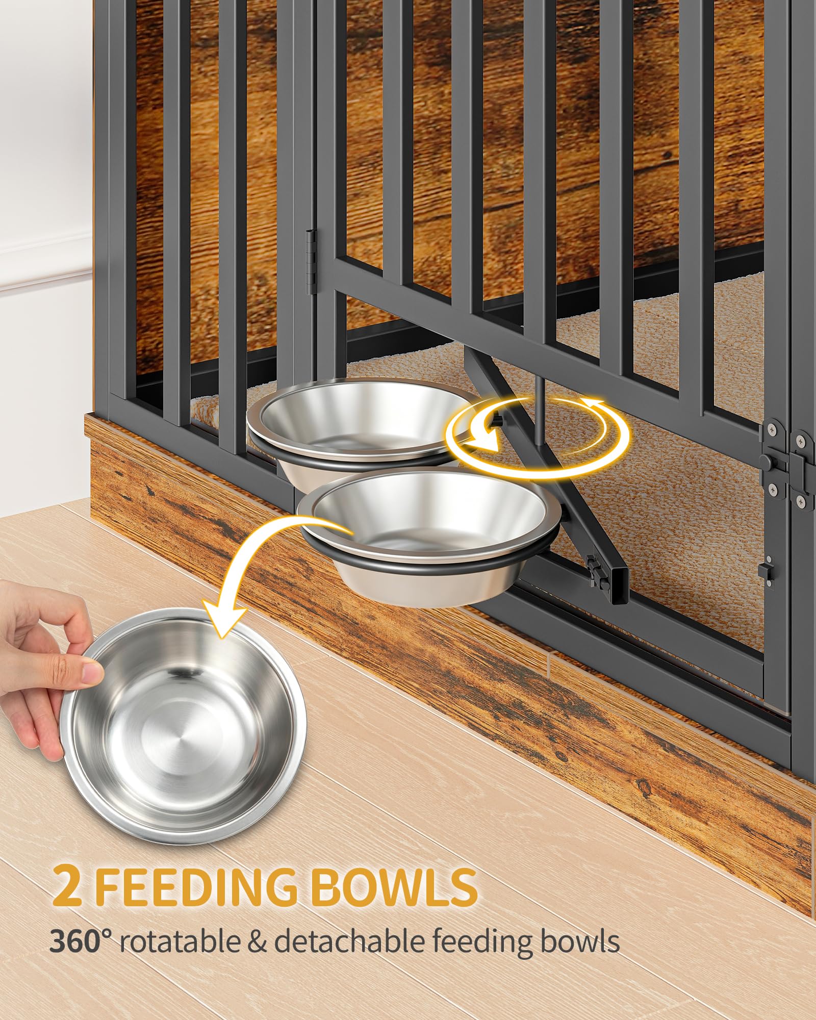 Hzuaneri Klatka dla Psa, 120 cm Drewniana Klatka z 3-Poziomowym Schowkiem Obrotowe Miski, 2 Szuflady & Poduszka, Rozmiar XXL dla Średnich i Dużych Psów, 120 x 75 x 126 cm, Vintage Brązowy 9220201B