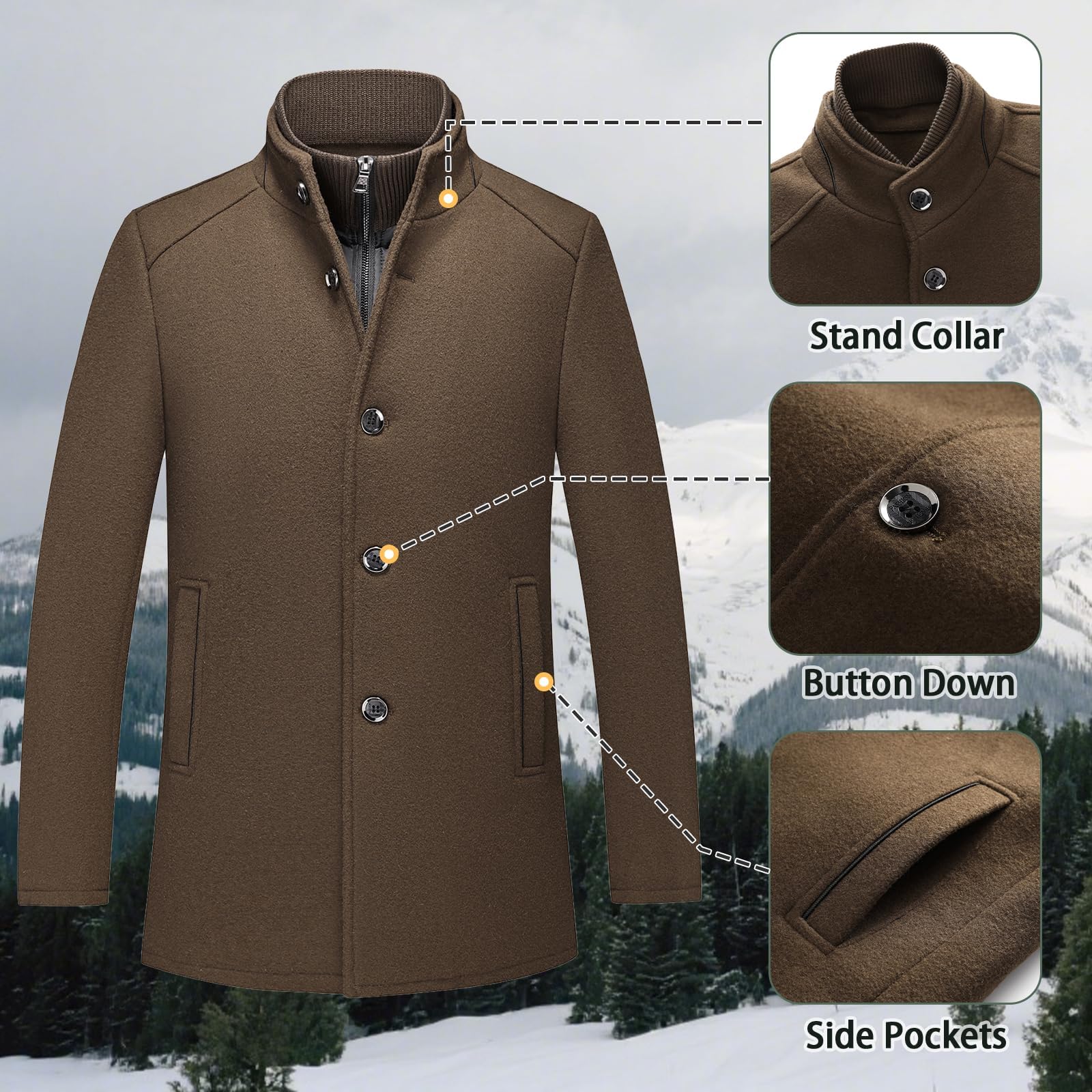 KUDORO Cappotto invernale da uomo, in lana, lunghezza media, con colletto alto, slim fit, per lavoro, tempo libero, peacoat casual