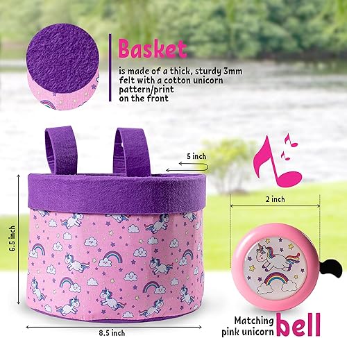 Miniatura 3 de Kit de cesta de bicicleta para niñas  Serpentinas de unicornio, cesta de bicicleta para niñas orientada hacia delante y campana de bicicleta