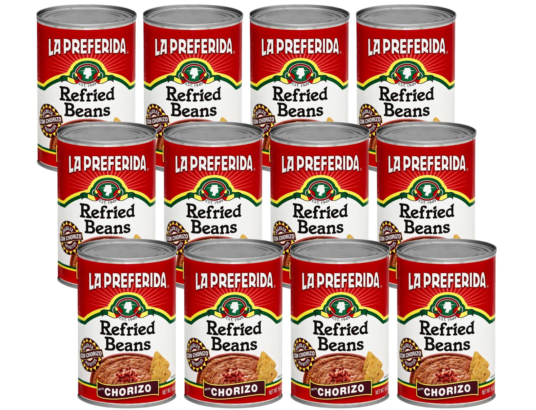 La Preferida Chorizo Refried Beans Heat & Serve for an Instant Side Dish or Add to Enchiladas, Tostadas & More,16 oz. (Pack of 12)