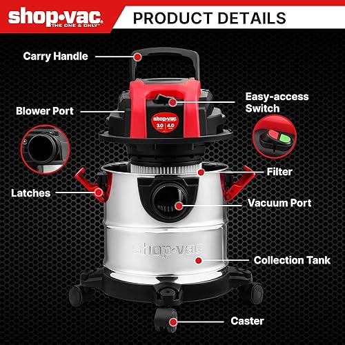 Miniatura 6 de Shop-Vac Aspiradora húmedaseca de 3 galones y 4.0 HP con función de soplador, tanque de acero inoxidable, aspiradora portátil con ruedas, incluye
