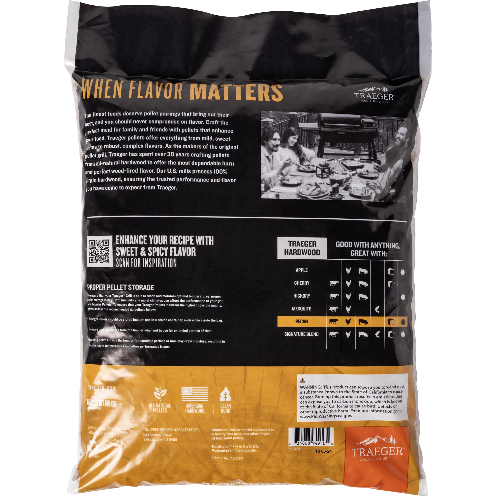Traeger Grills Granulés de Bois de Noix de pécan 100% Naturel pour fumoirs et Grills à granulés, Barbecue, Cuisson, rôti et Grill, Sac de 8,2 kg