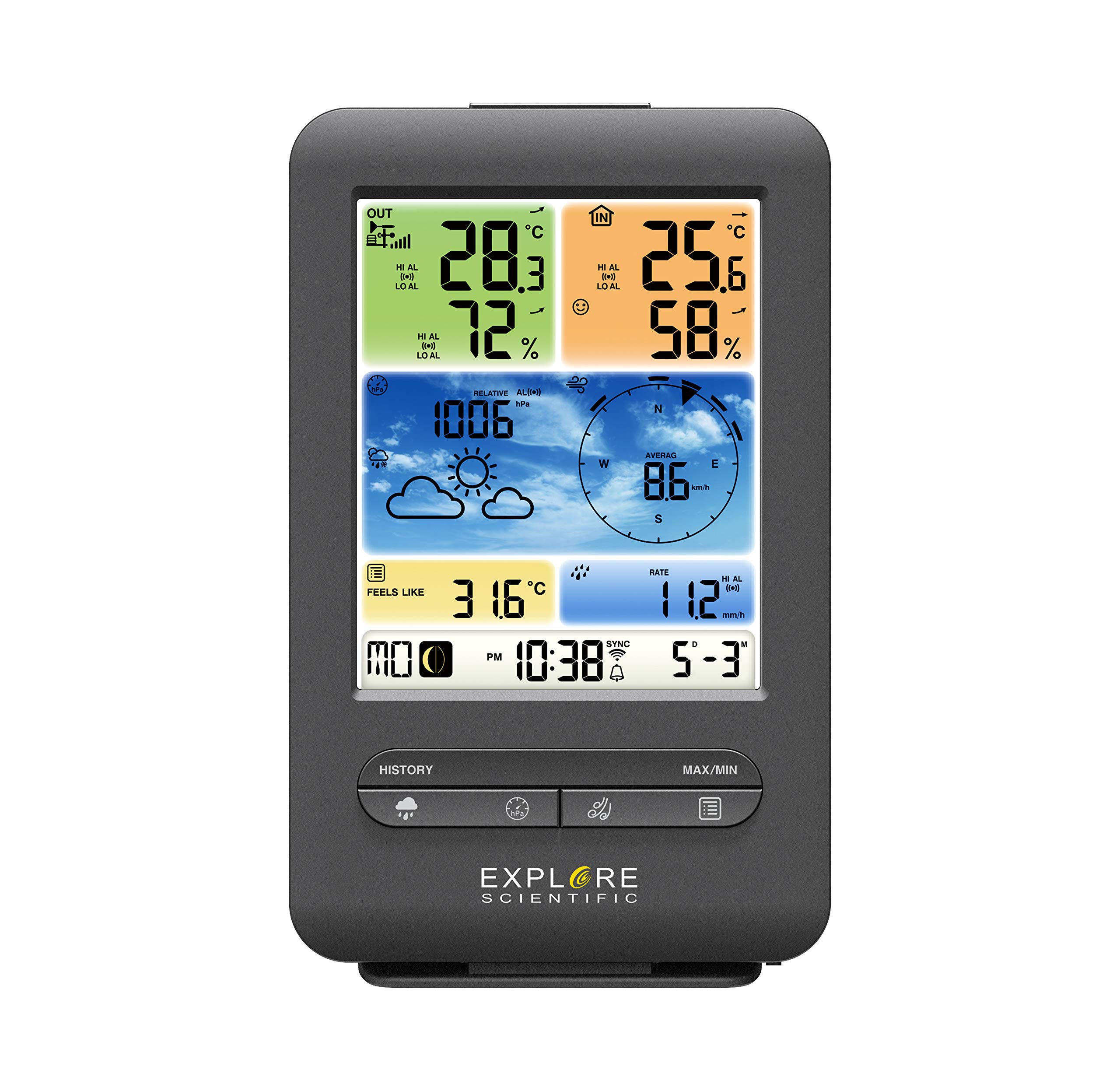 Explore Scientific Wetterstation Wetter Center mit 5-in-1 Außensensor für Temperatur, Luftfeuchtigkeit, Luftdruck, Wind und Regen