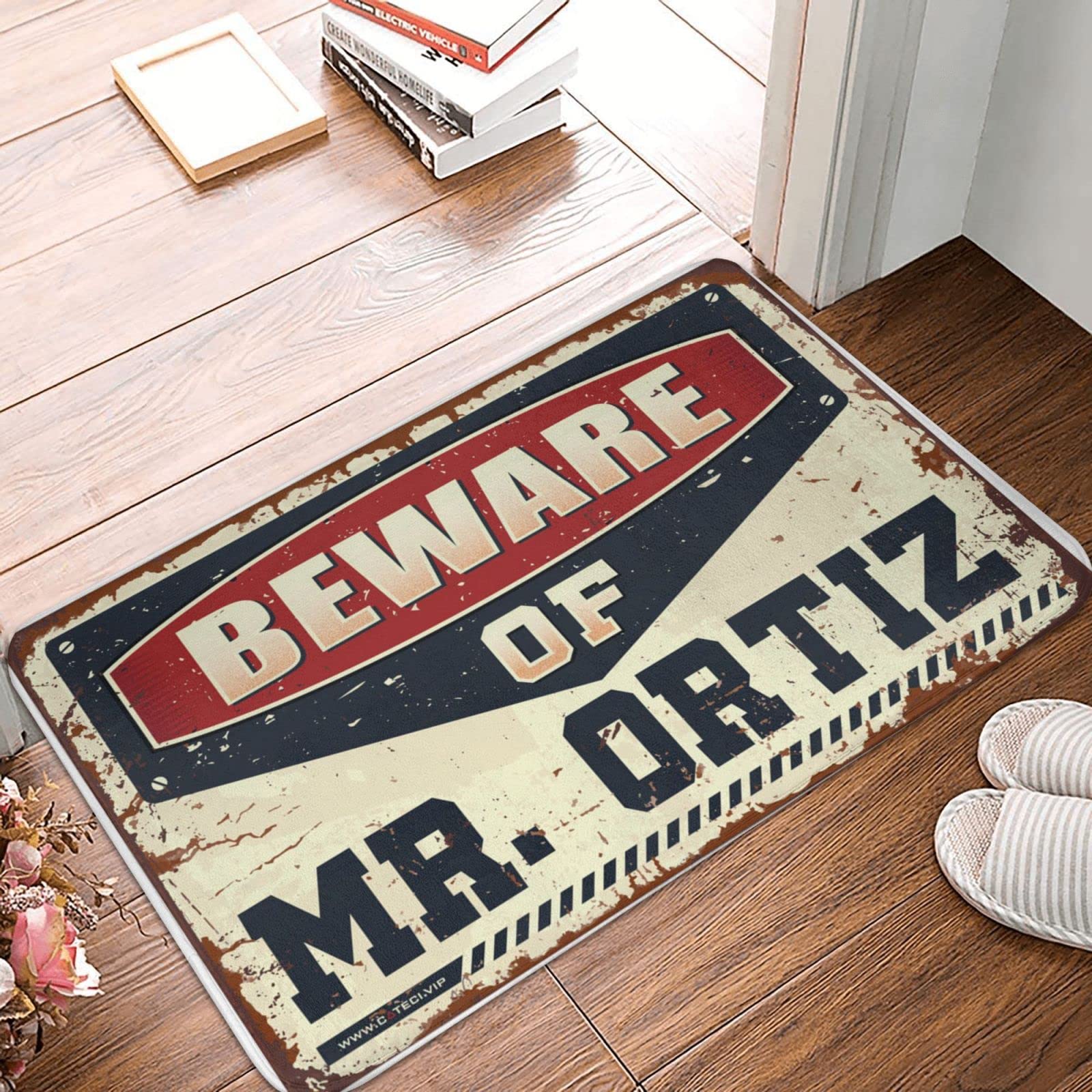 Zerbino estivo con scritta "Beware of Mr. Ortiz", zerbino per cucina, ingresso interno (65 x 90 cm)
