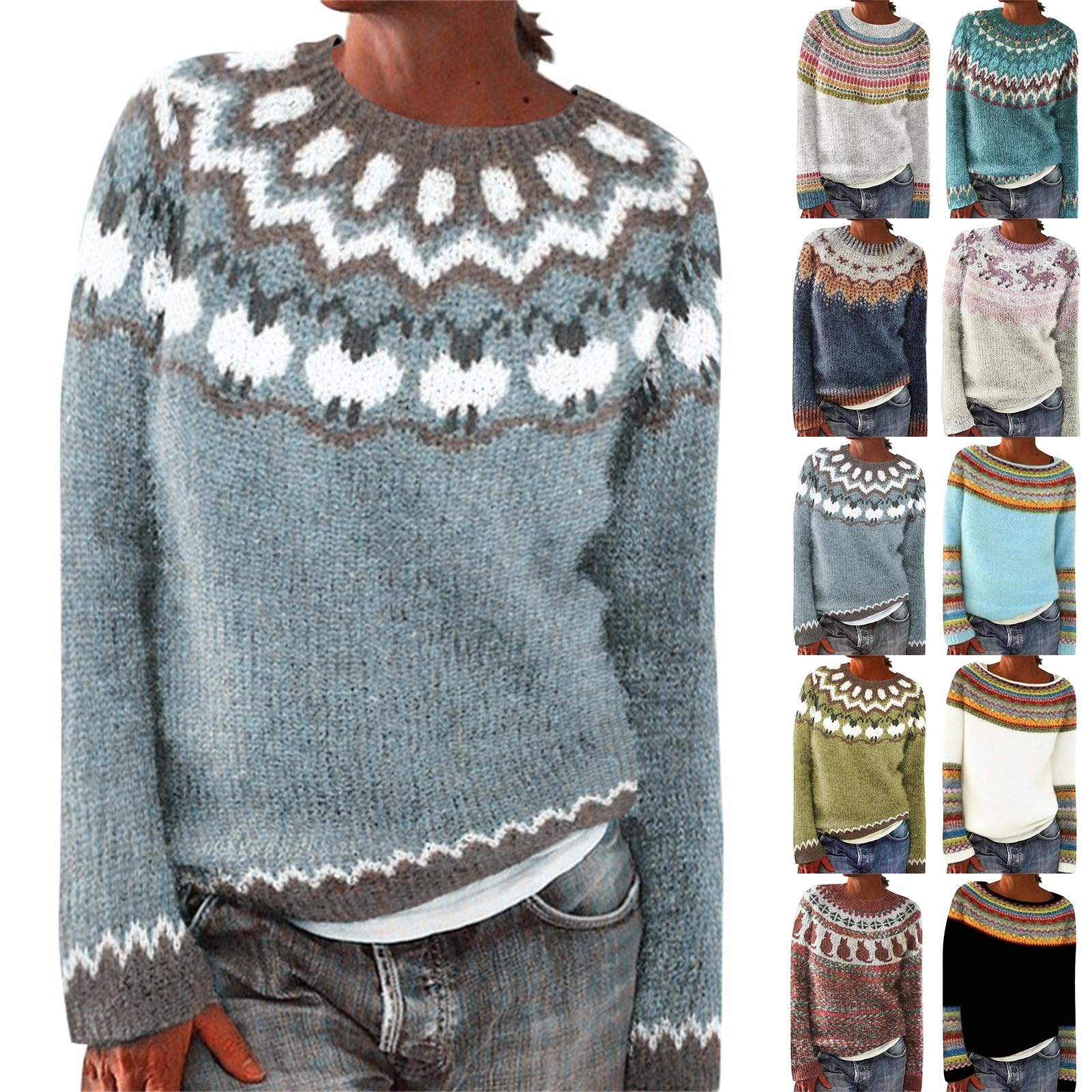 Norweger Pullover Damen Original - Fair Isle Weihnachtspullover Damen Lustig Isländer Pullover Oversize Strickpullover Ugly Weatershirt Klassisch Oberteil Sweatshirt Winter Warm Langarmshirt